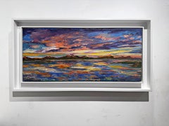 Sunset Island, gorgeous oil on canvas landscape painting, signed, double framed
