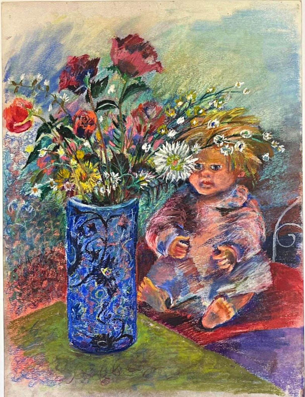 Thelma Appel Rescued Doll mit Blumenvase, einzigartiges Pastell auf Papier, zweimal signiert
