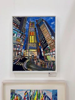 Thelma Appel - Times Square I, peinture acrylique et collage de tissu signée Encadré