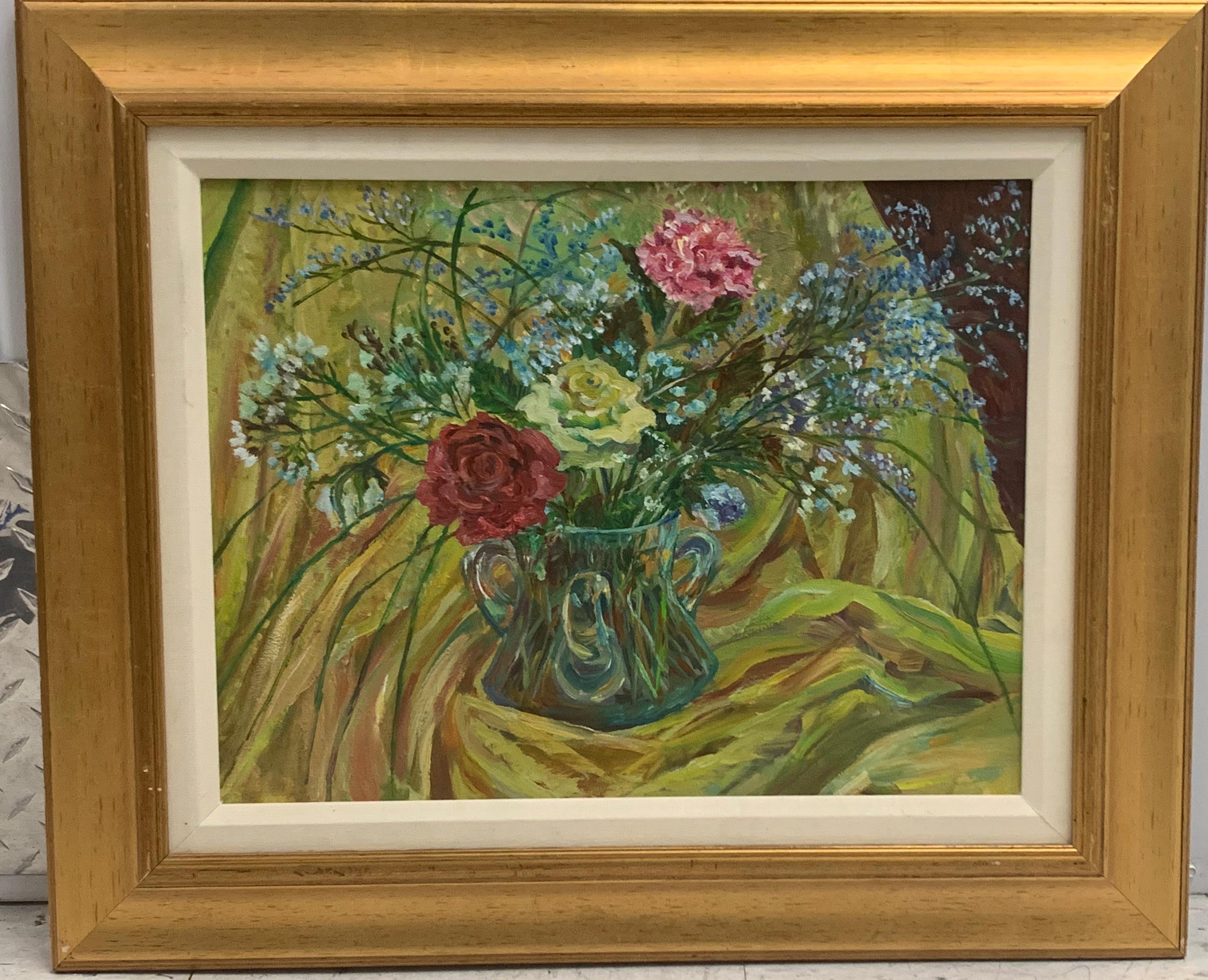 Thelma Appel Still-Life Painting - Three handled Vase with Flowers, unique Signed still life oil painting, framed