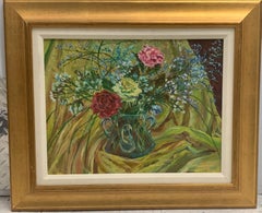 Three handled Vase with Flowers, unique Signed still life oil painting, framed