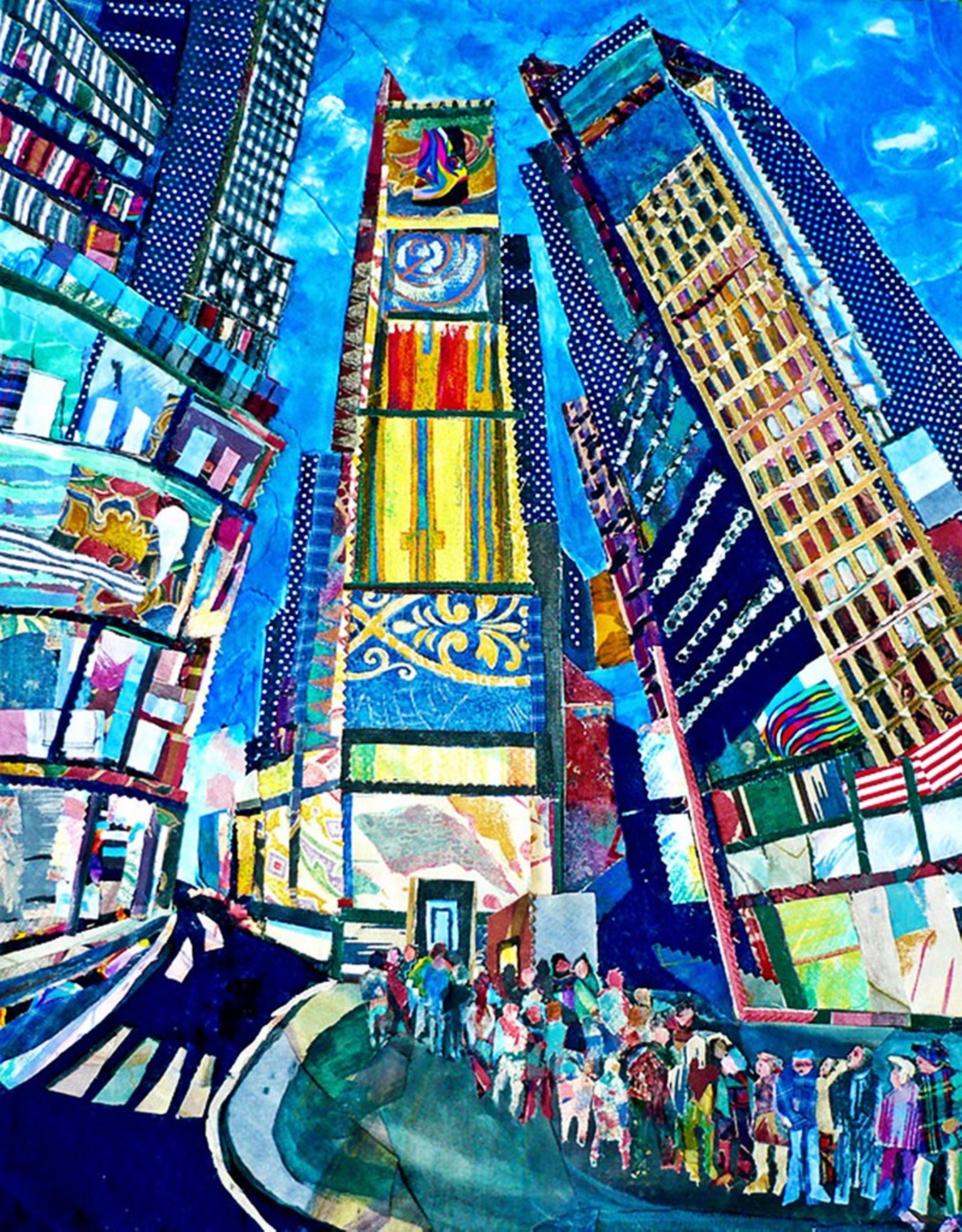 Thelma Appel
Times Square I, 2014
Pintura acrílica y collage de tela sobre lienzo
firmado a mano, titulado y fechado en el verso
En un marco de madera blanca hecho a mano
Esta obra se presentó en la exposición individual Thelma Appel: Times Square