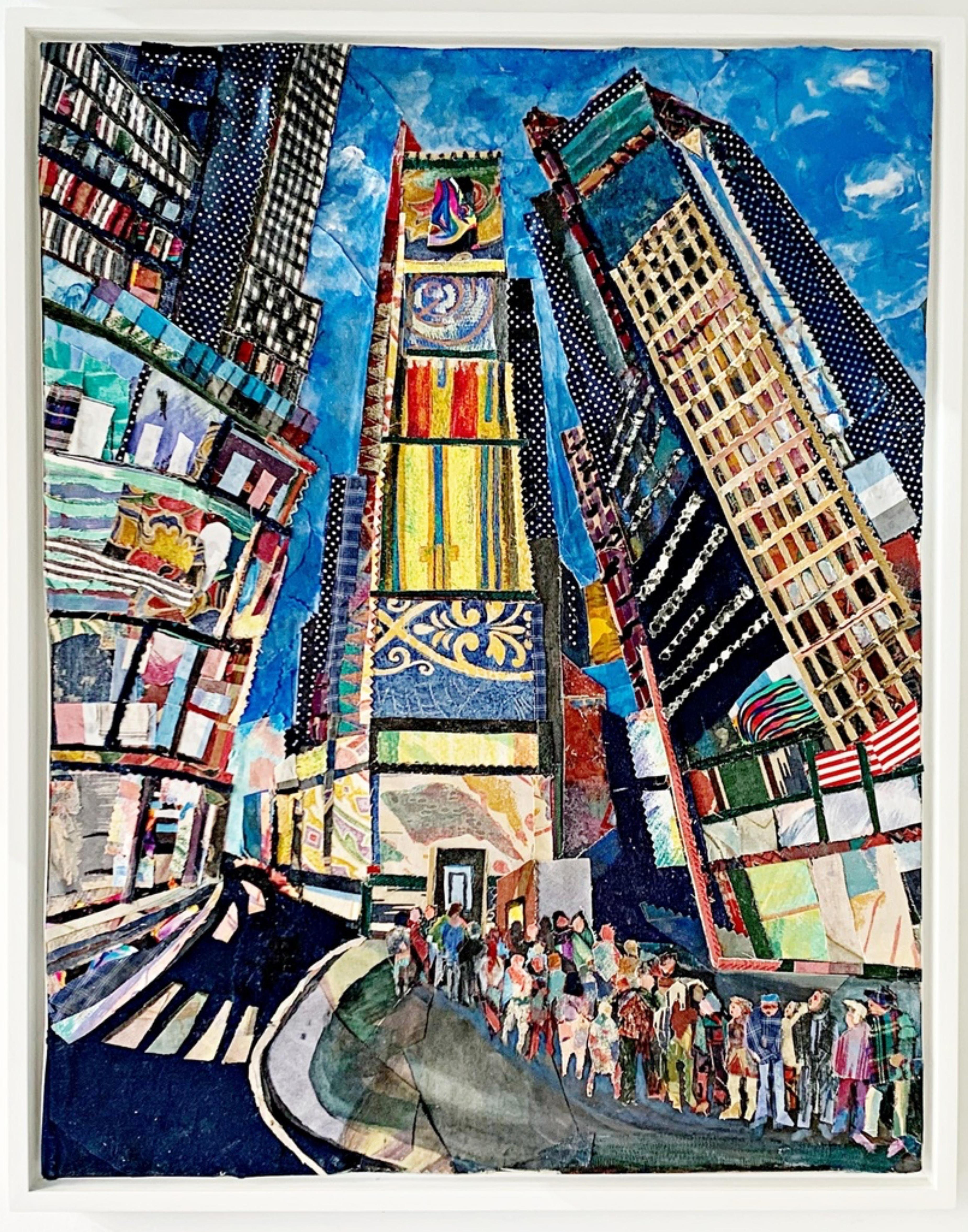 Times Square I squisito dipinto unico in acrilico e collage di tessuto firmato Cornice