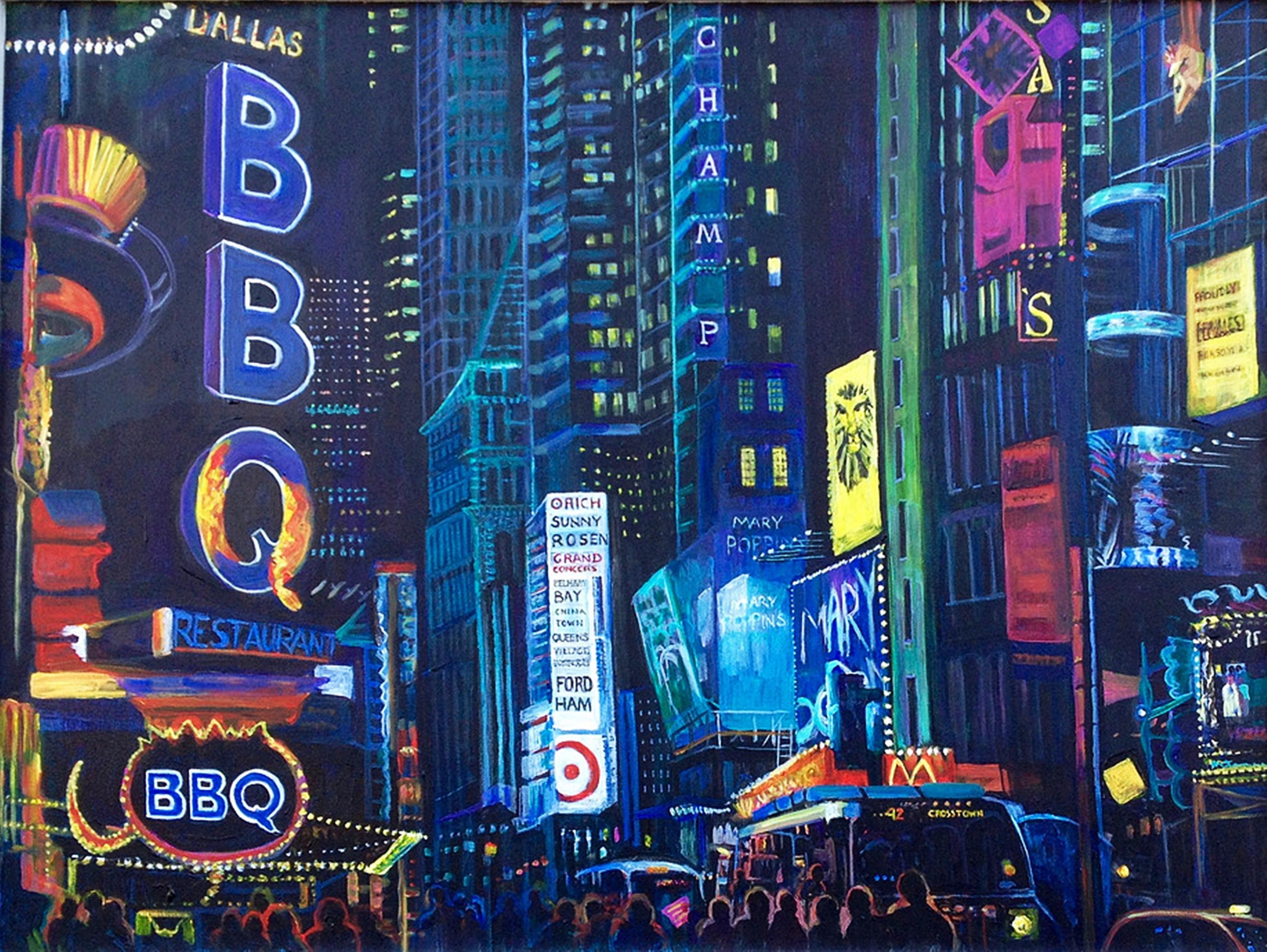 Thelma Appel Figurative Painting - Times Square IX (Dallas BBQ)