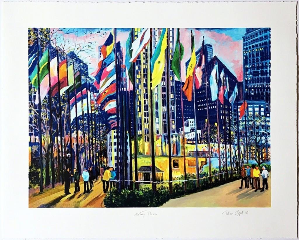 Meeting Plaza, signiert/N 25-farbiger Siebdruck, Rockefeller Ctr NY & United Nations – Print von Thelma Appel
