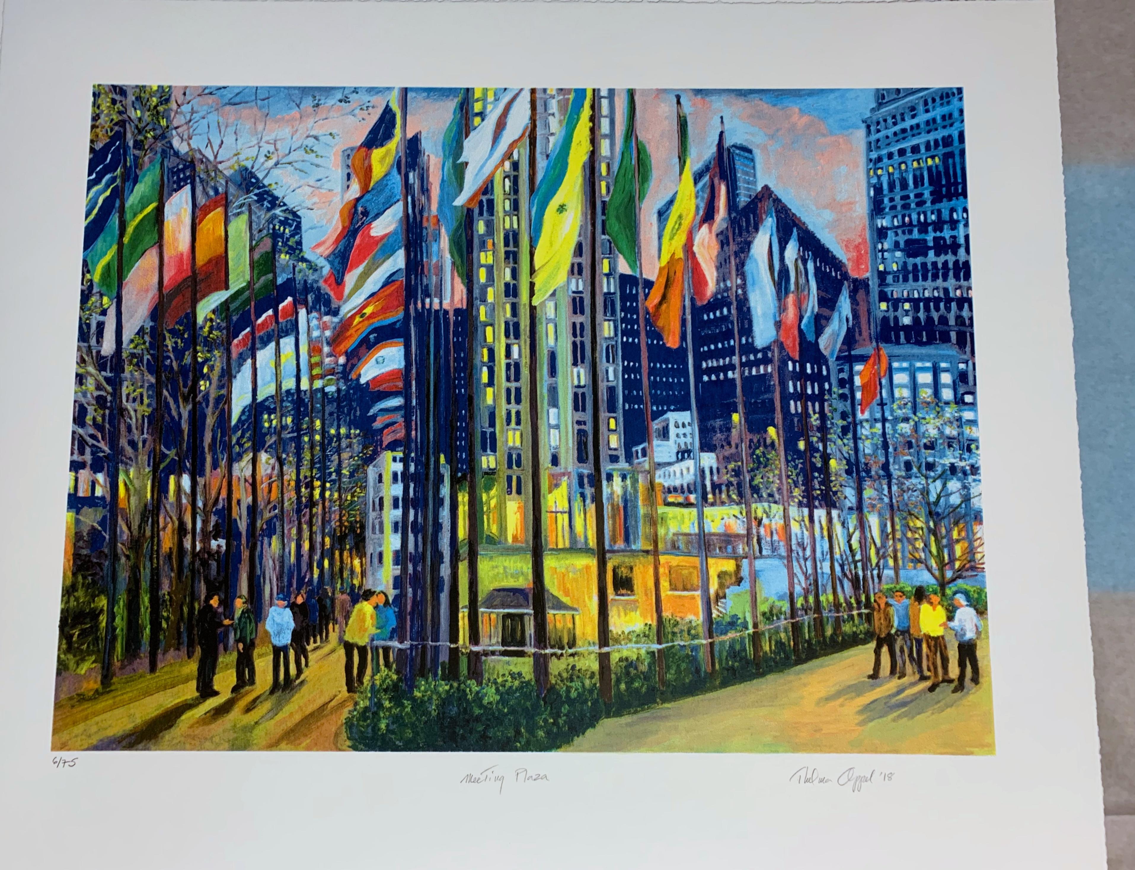 Meeting Plaza, signiert/N 25-farbiger Siebdruck, Rockefeller Ctr NY & United Nations im Angebot 4