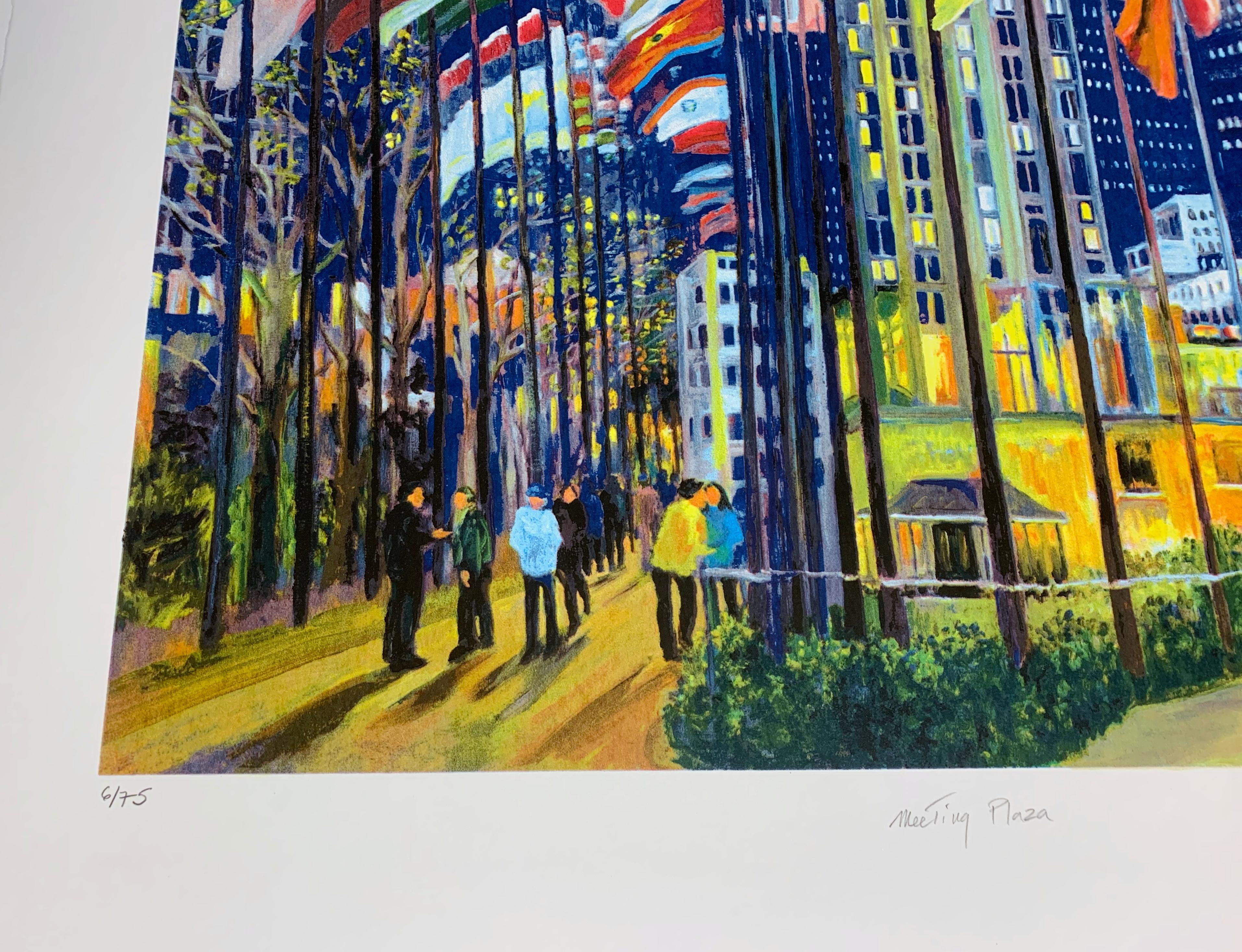 Meeting Plaza, Signed/N 25-color silkscreen, Rockefeller Ctr NY & United Nations For Sale 5