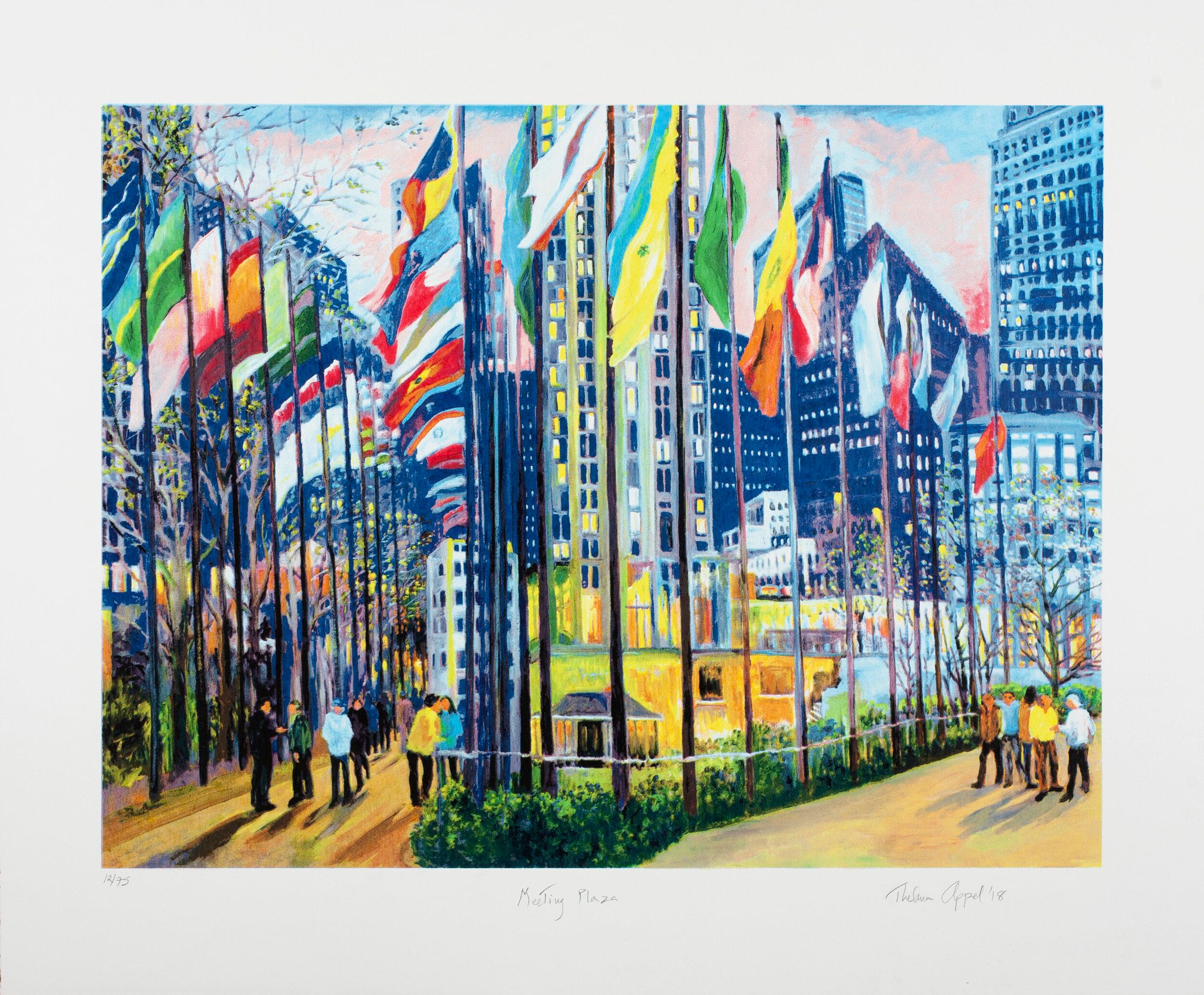 Thelma Appel Figurative Print – Meeting Plaza, signiert/N 25-farbiger Siebdruck, Rockefeller Ctr NY & United Nations