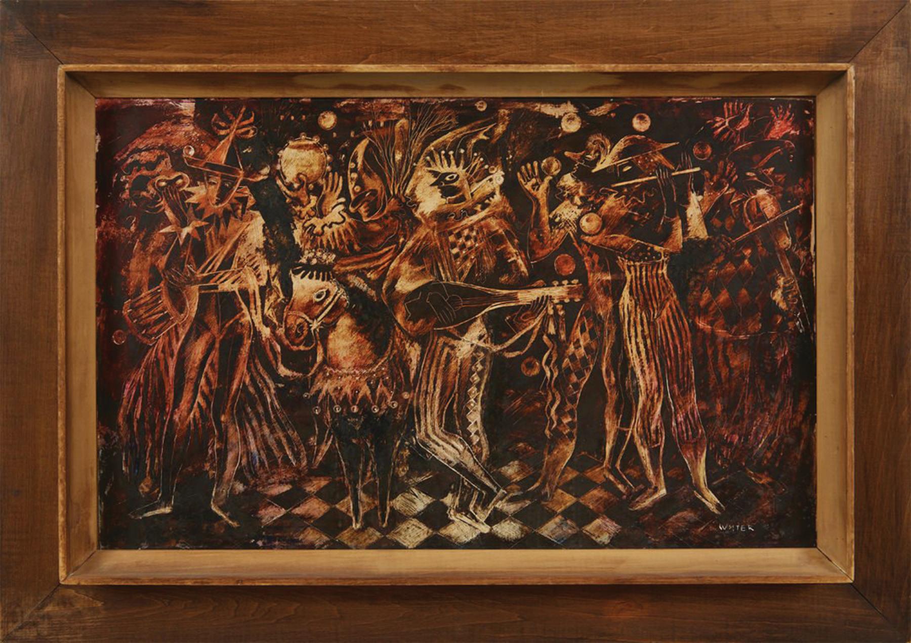 Mardi Gras Celebration w/ Jesters & Musicians, 20th Century Cleveland School - Painting by Thelma Frazier Winter