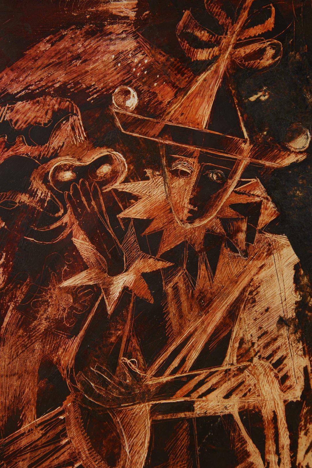 Thelma Frazier Winter (American, 1905-1977)
Mardi Gras, c. 1960
Encaustic on panel with graffito
Signed lower right
14.5 x 22.5 inches
20 x 28 inches, framed

Exhibited: The National League of American Pen Women, Tulsa Oklahoma, National Biennial