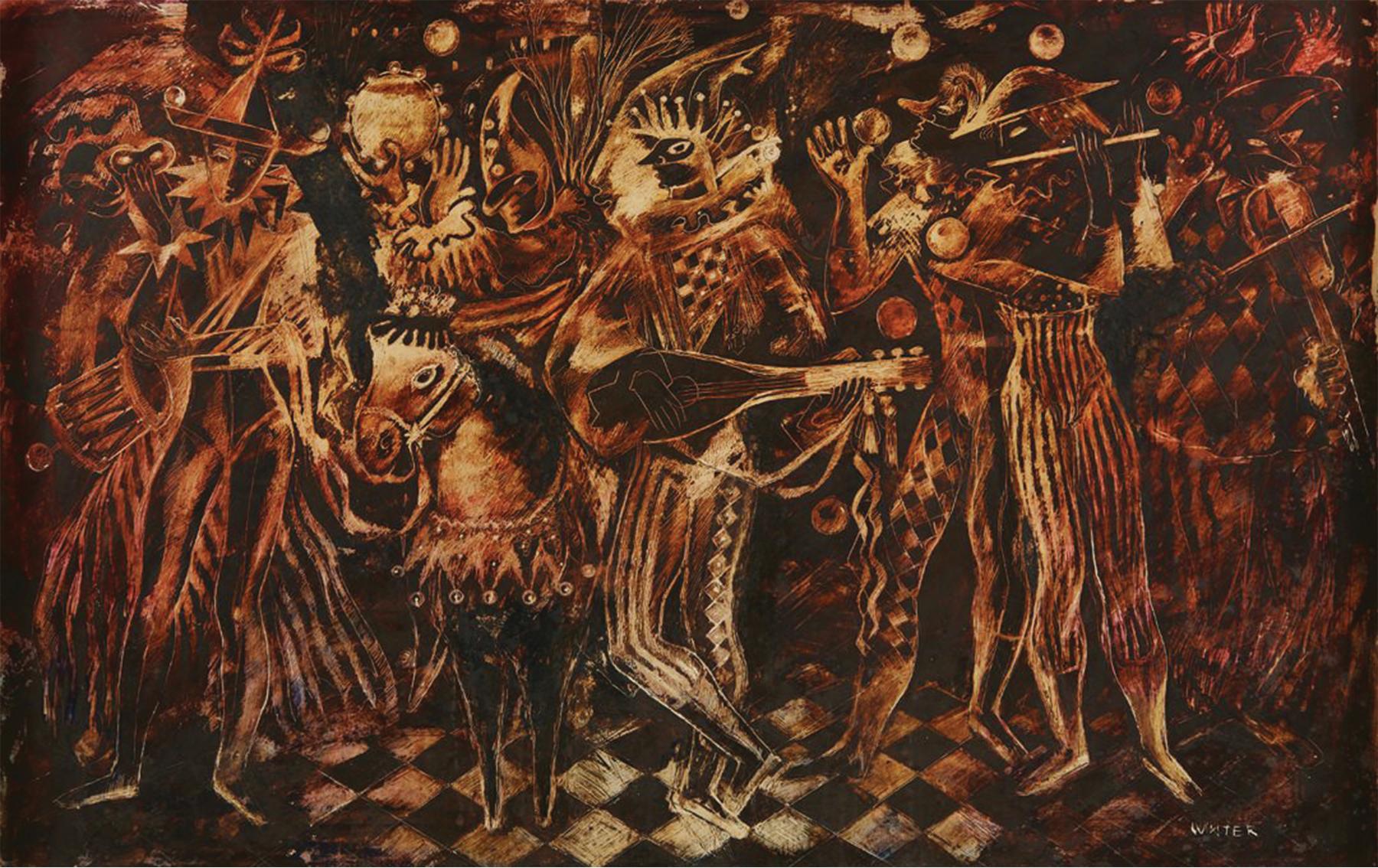 Thelma Frazier Winter Figurative Painting - Mardi Gras Celebration w/ Jesters & Musicians, 20th Century Cleveland School