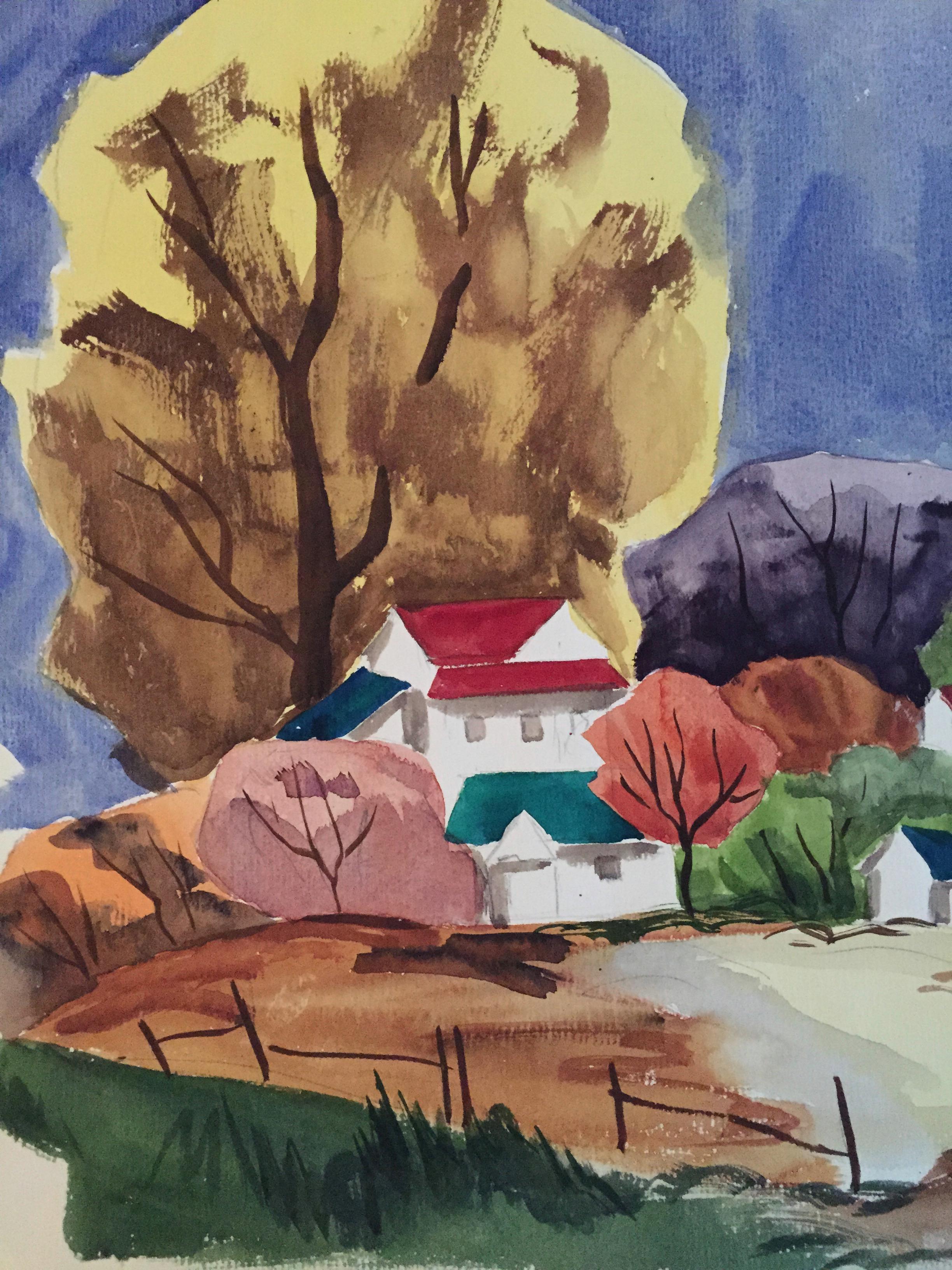 Kalifornisches Landschaftsgemälde aus der Mitte des Jahrhunderts „Colored Roofs“ Gouache auf Papier – Painting von Thelma Moody