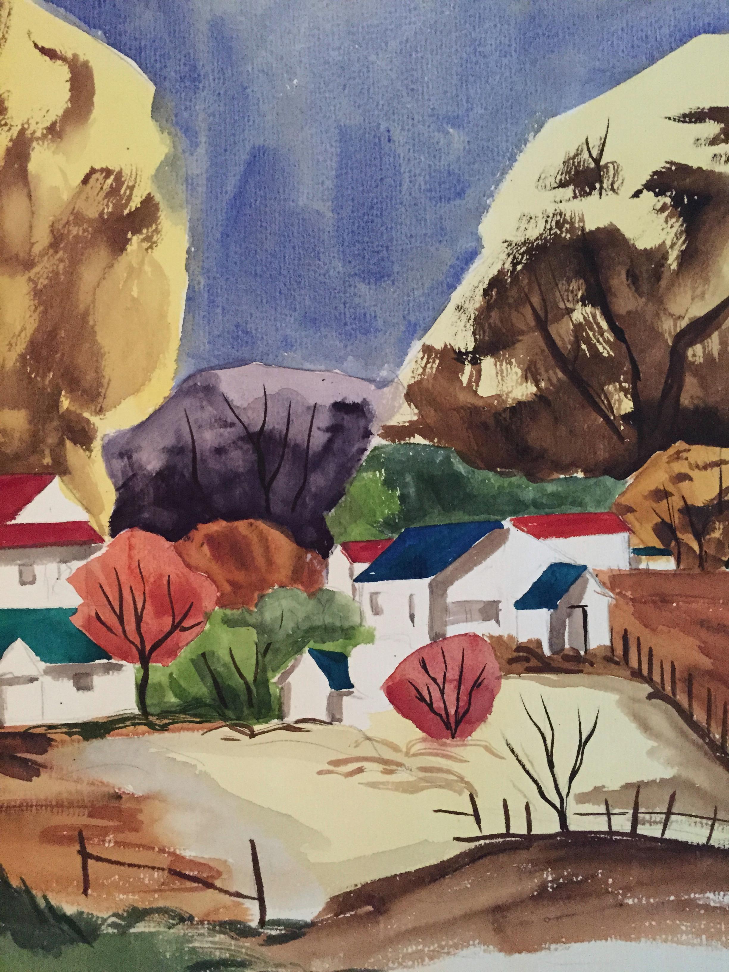 Kalifornisches Landschaftsgemälde aus der Mitte des Jahrhunderts „Colored Roofs“ Gouache auf Papier (Amerikanische Moderne), Painting, von Thelma Moody