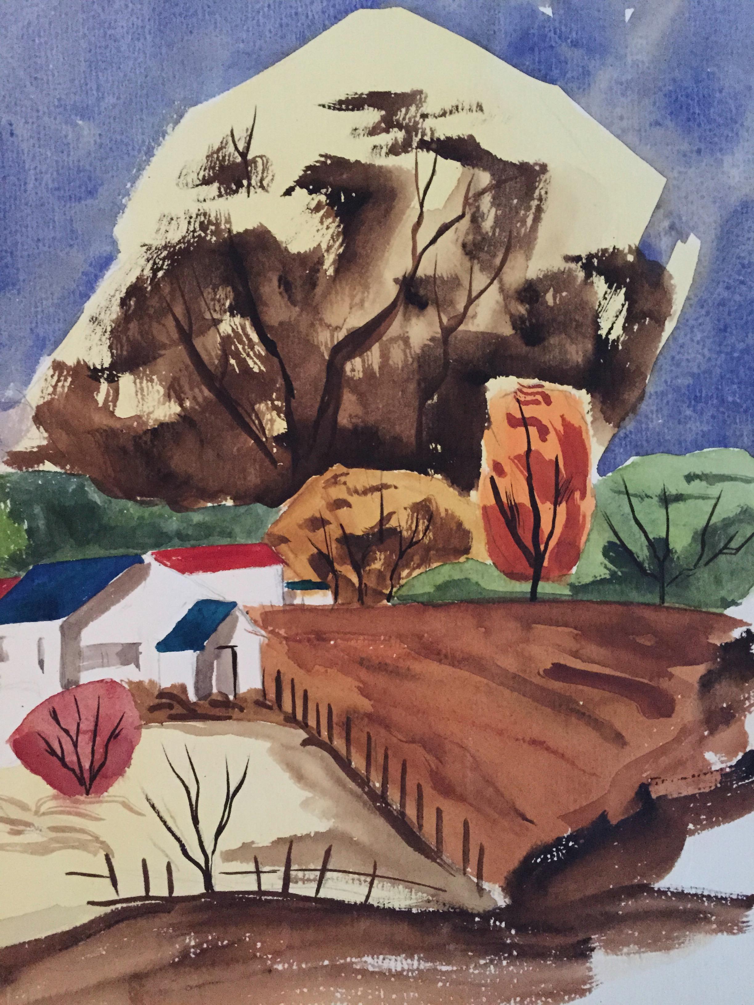 Kalifornisches Landschaftsgemälde aus der Mitte des Jahrhunderts „Colored Roofs“ Gouache auf Papier (Grau), Landscape Painting, von Thelma Moody