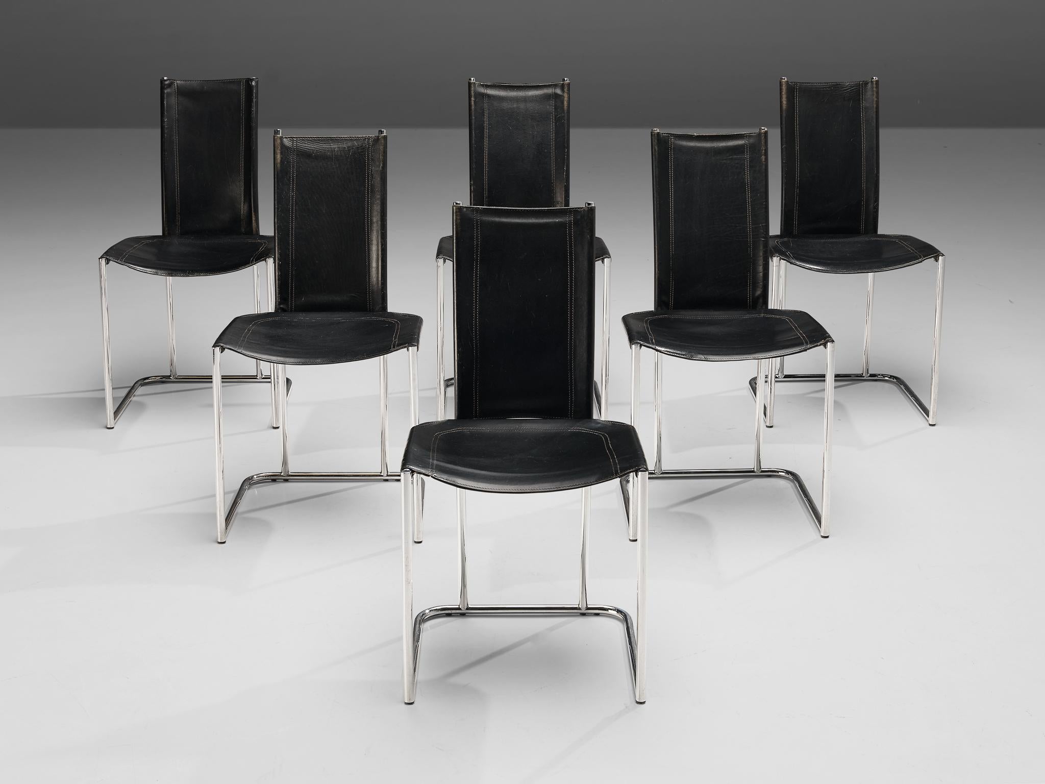 Italian Thema Italy Set of Six Dining Chairs in Tubular Steel and Black Leather  For Sale