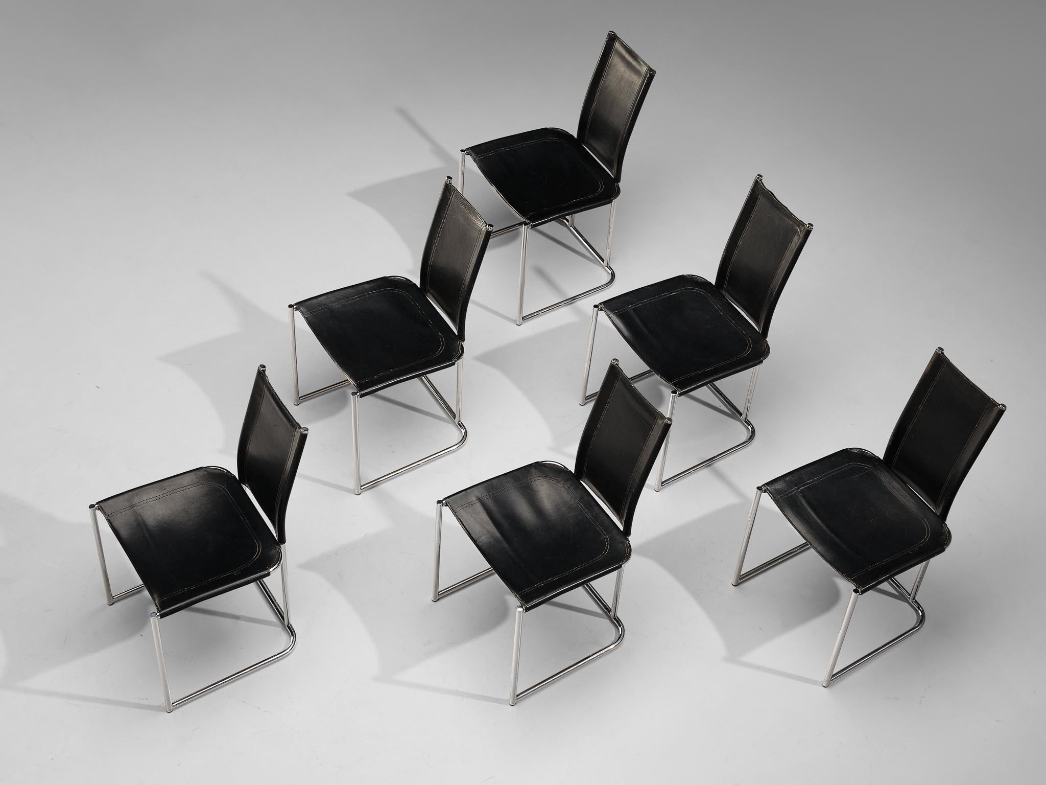 Mid-20th Century Thema Italy Set of Six Dining Chairs in Tubular Steel and Black Leather  For Sale