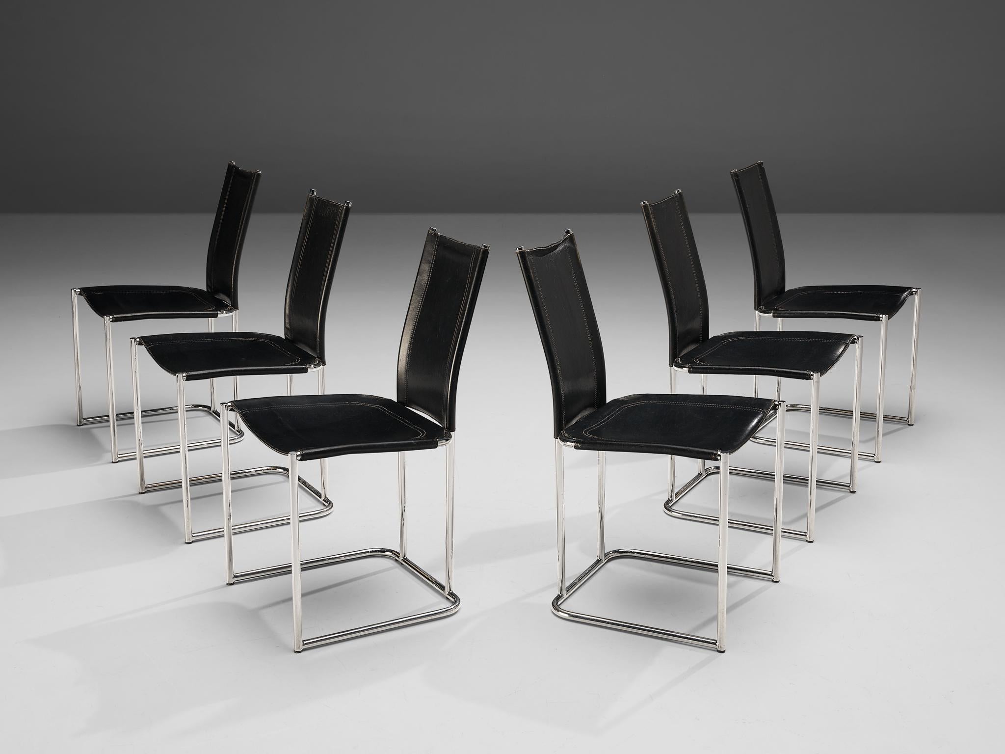 Thema Italy Set of Six Dining Chairs in Tubular Steel and Black Leather  For Sale 1