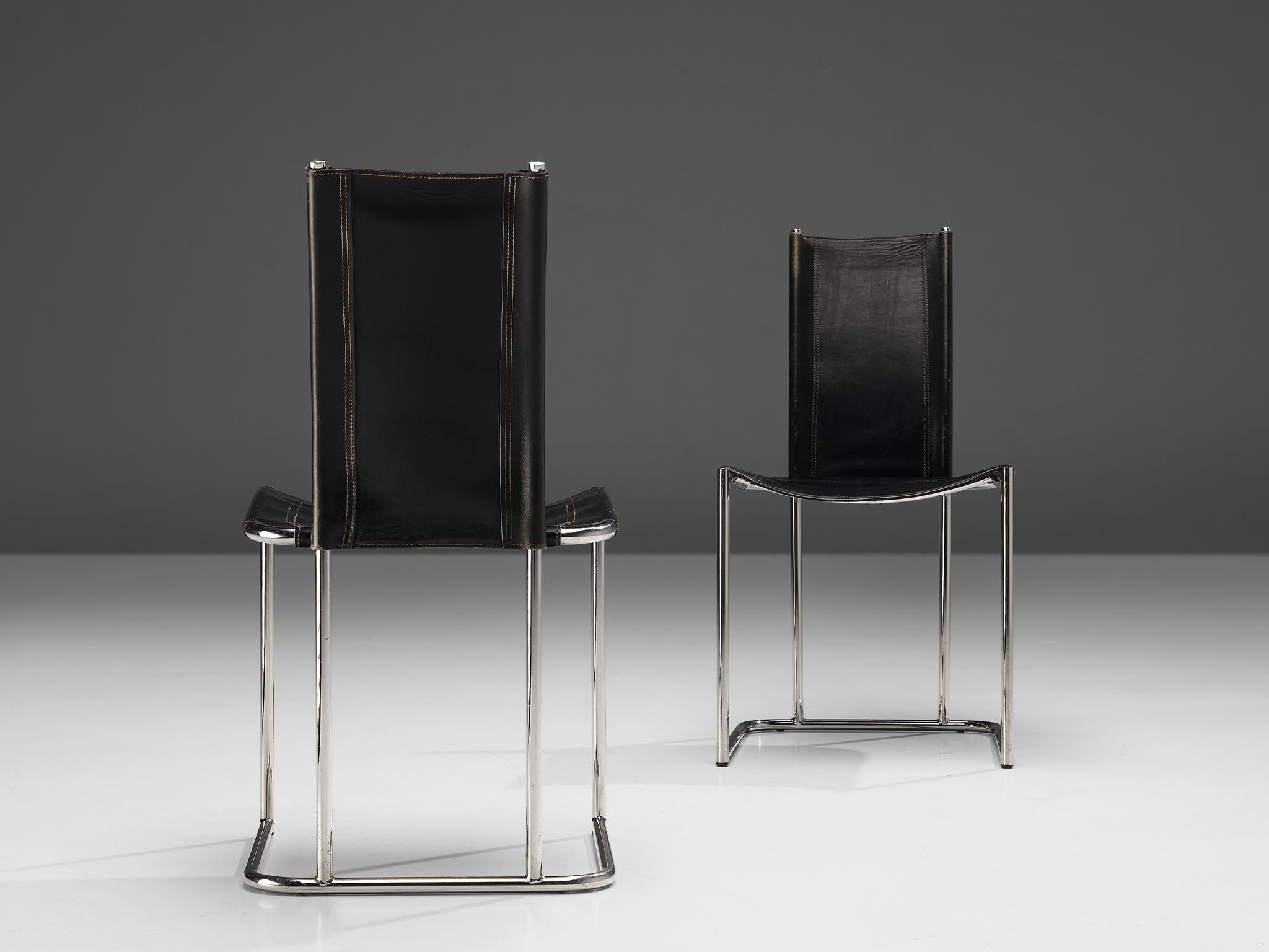 Thema Italy Ensemble de six chaises de salle à manger en acier tubulaire et cuir noir  en vente 2