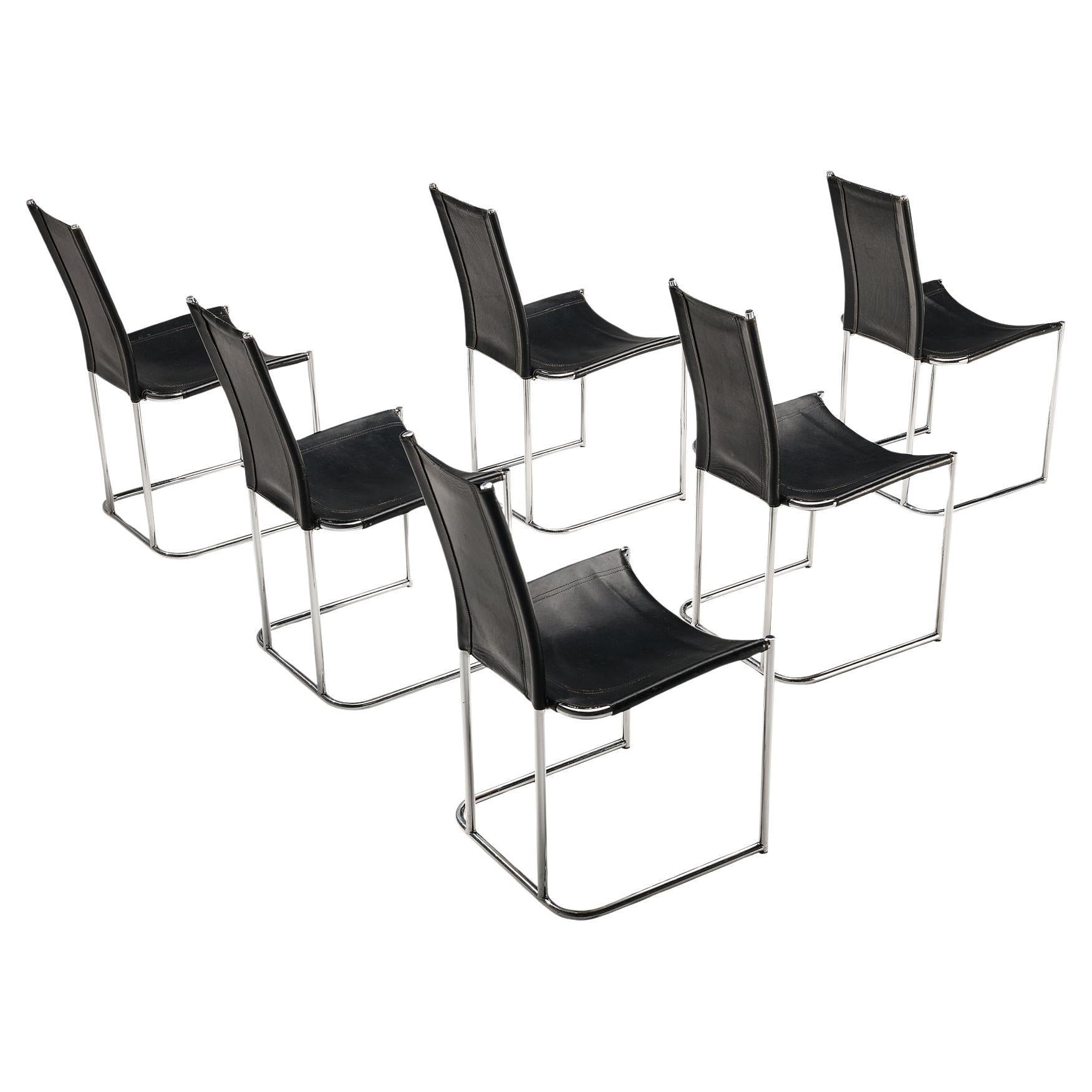 Thema Italy Ensemble de six chaises de salle à manger en acier tubulaire et cuir noir  en vente