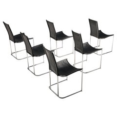 Retro Thema Italy Set of Six Dining Chairs in Tubular Steel and Black Leather 