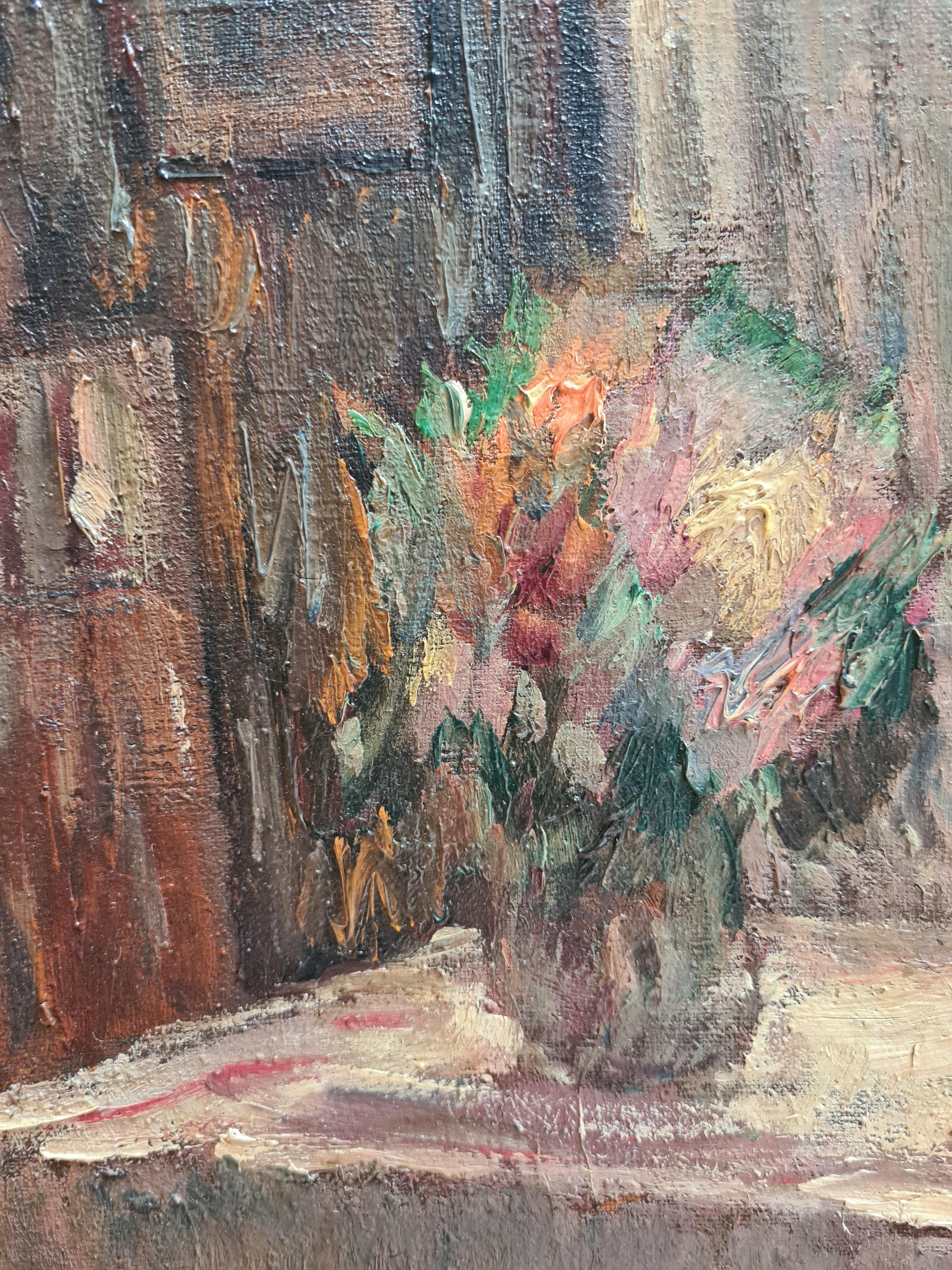 The Vase of Flowers, French Impressionist View of an Interior. - Marron Still-Life Painting par Theo Arpen