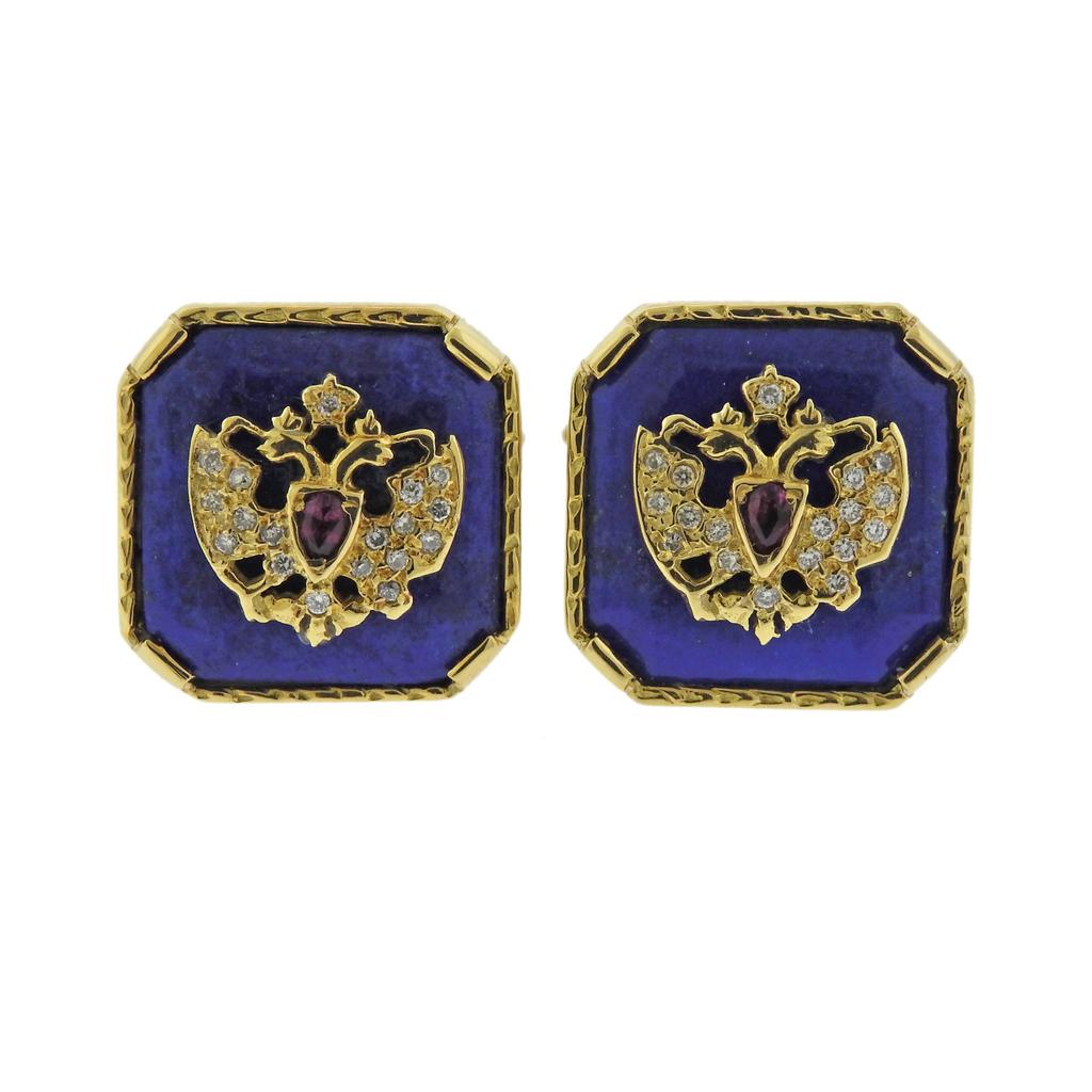 Theo Faberge Romanov Lapis Ruby Diamond Gold Cufflinks