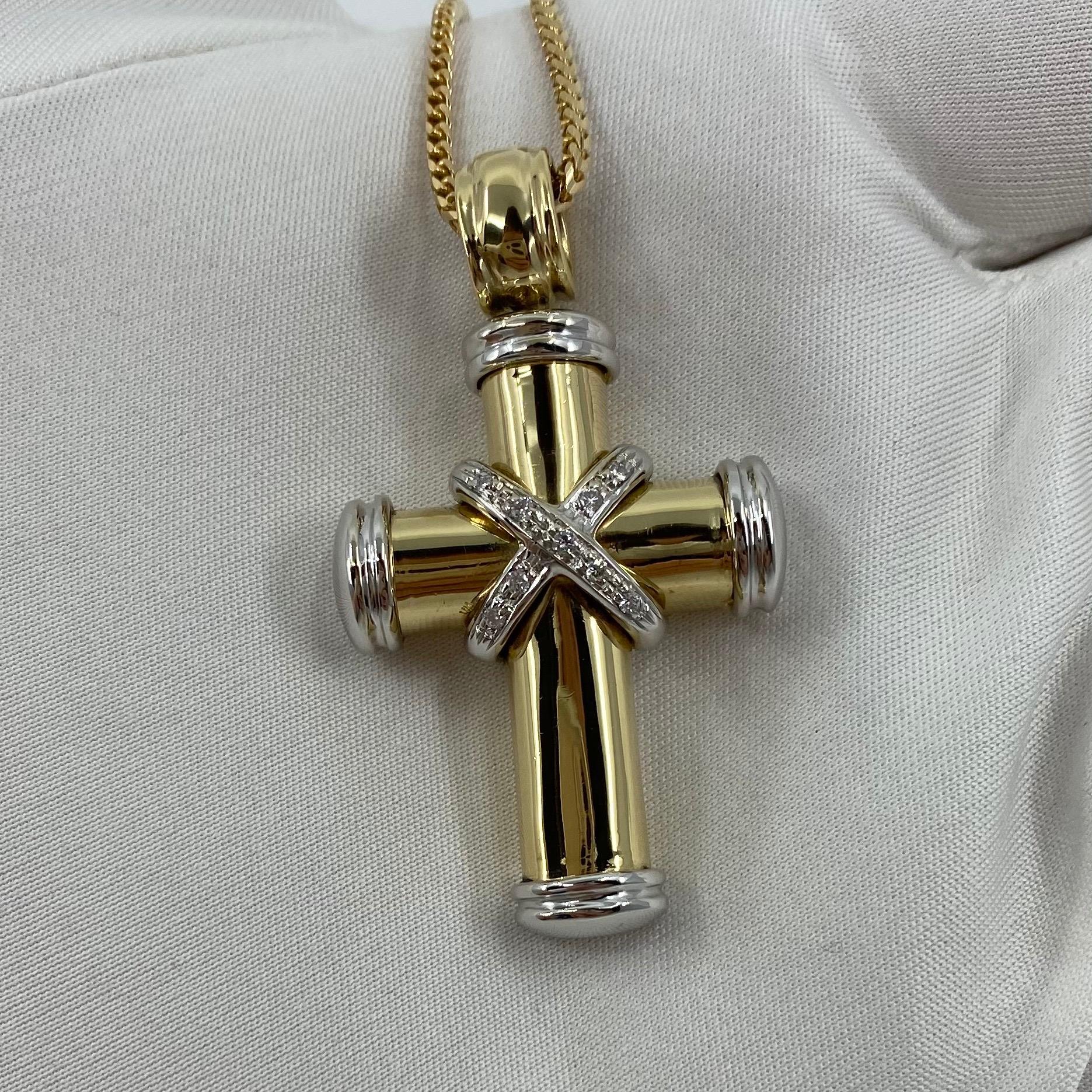 Round Cut Theo Fennel 18 Karat Yellow & White Gold Diamond Cross Pendant Necklace British