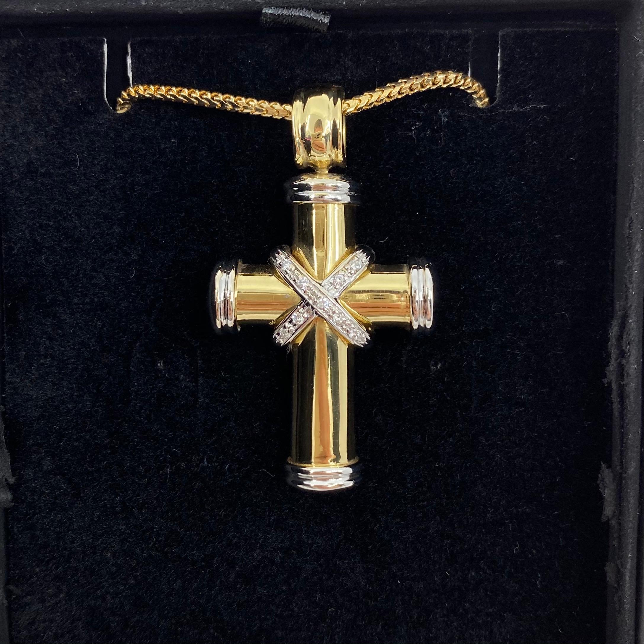 Theo Fennel 18 Karat Yellow & White Gold Diamond Cross Pendant Necklace British In Excellent Condition In Birmingham, GB