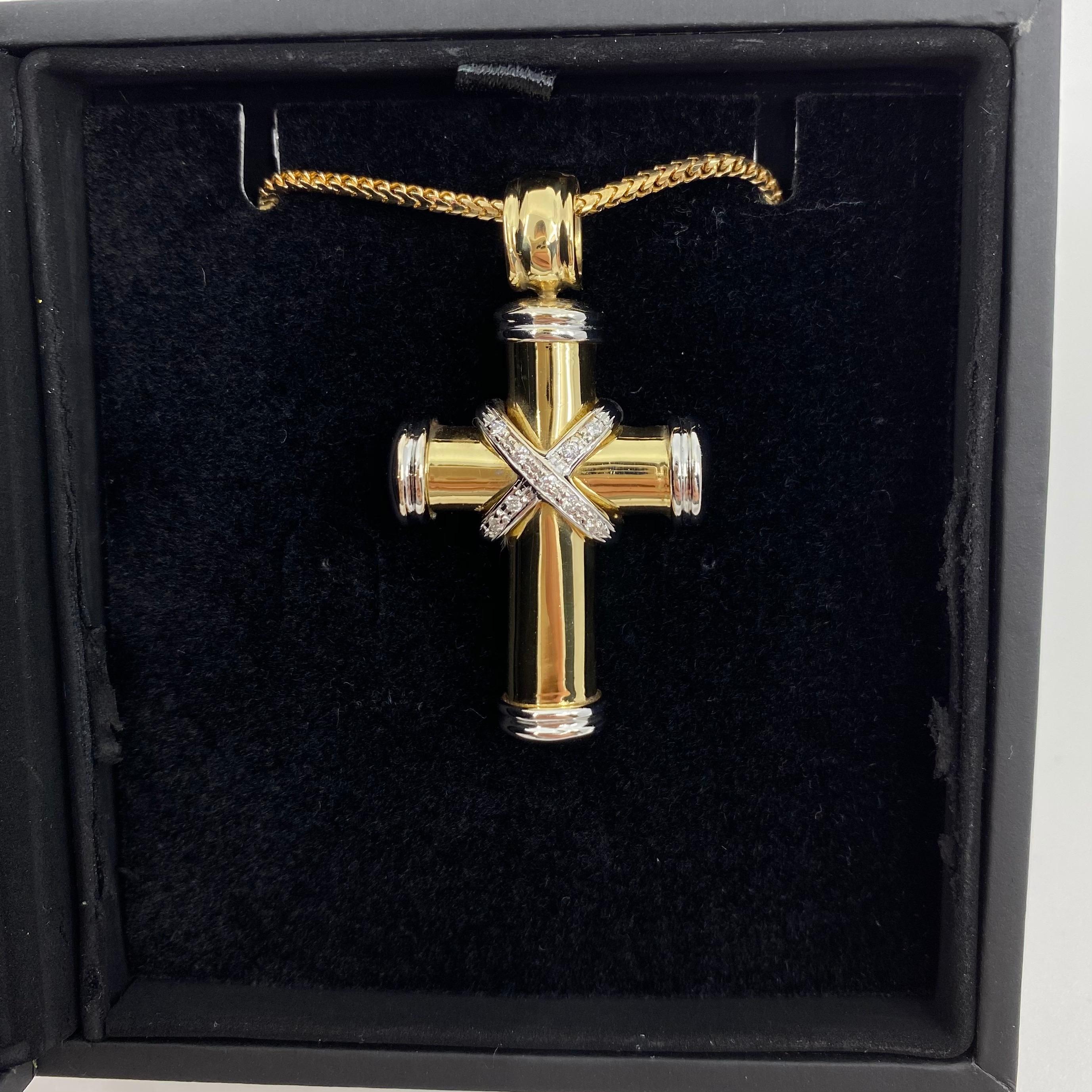 Theo Fennel 18 Karat Yellow & White Gold Diamond Cross Pendant Necklace British 1