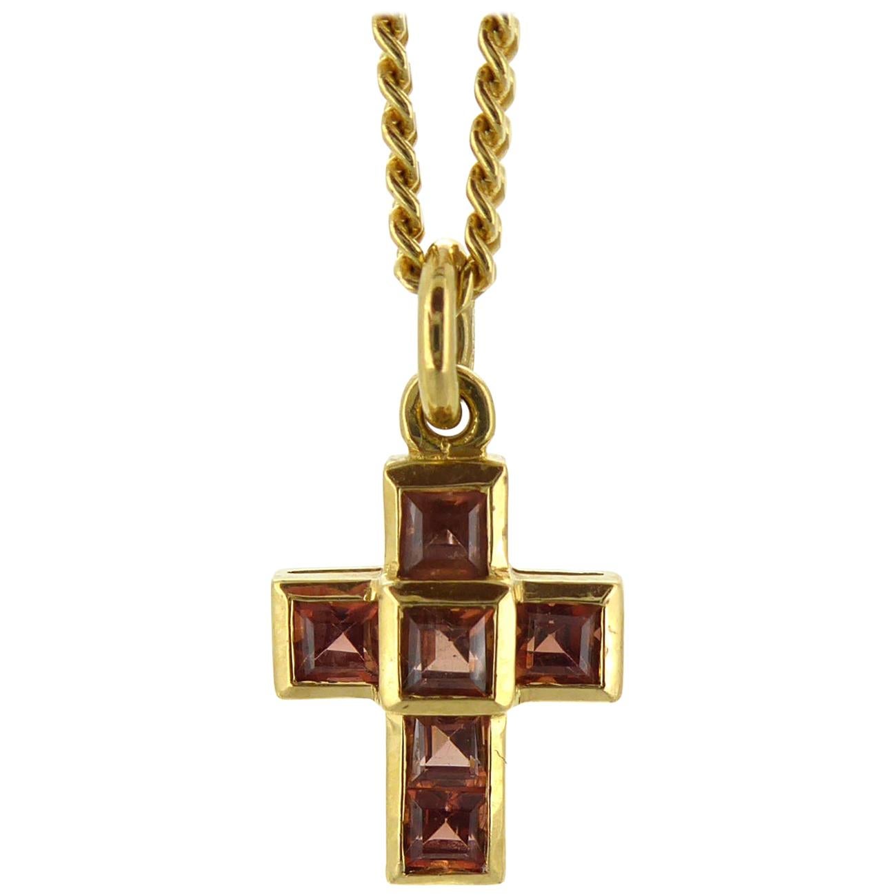 Theo Fennell Cognac Colored Stone Cross, 18 Carat Yellow Gold