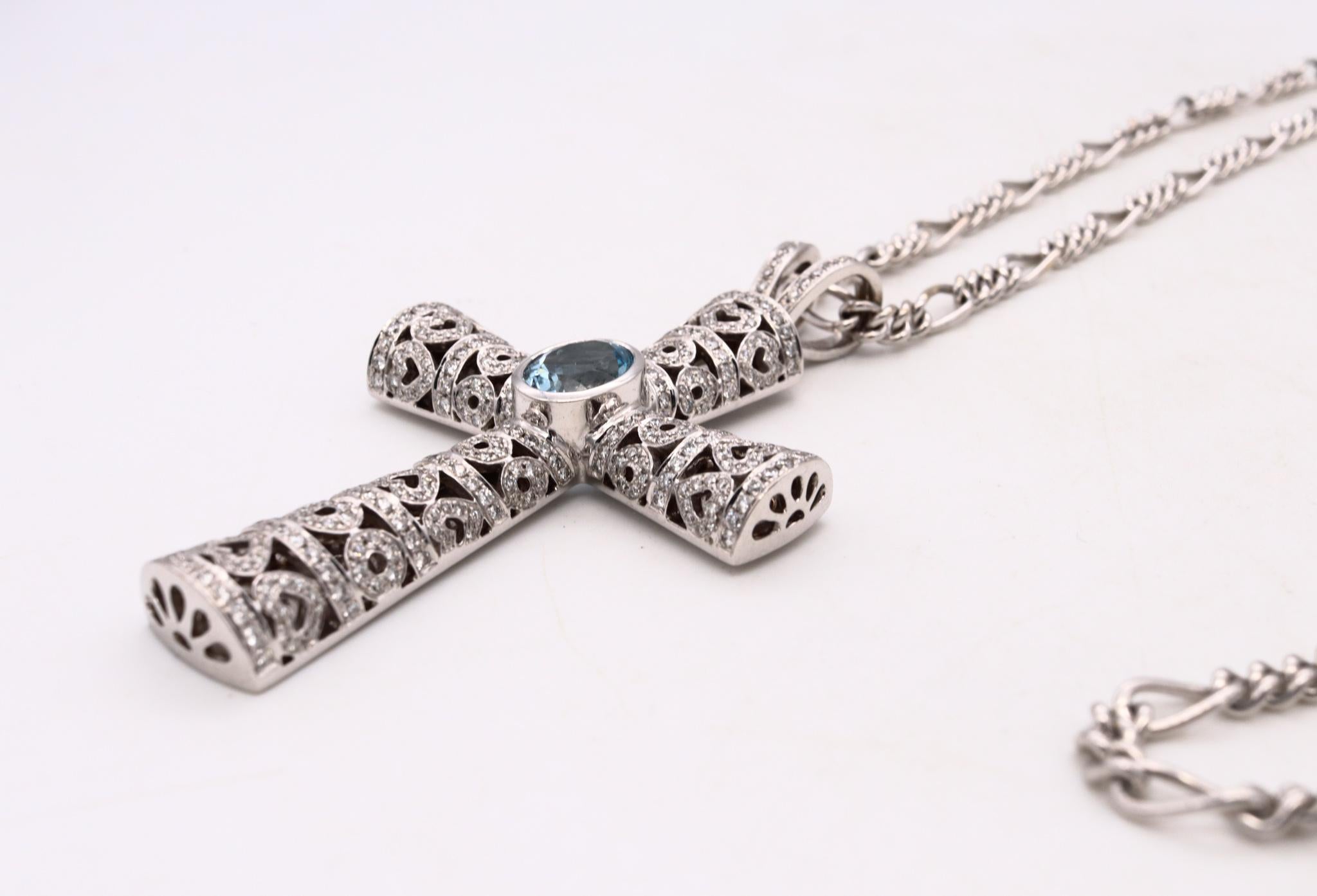 Women's or Men's Theo Fennel London Chain with Cross 18Kt with 6.29 Cts in Diamonds & Aquamarine