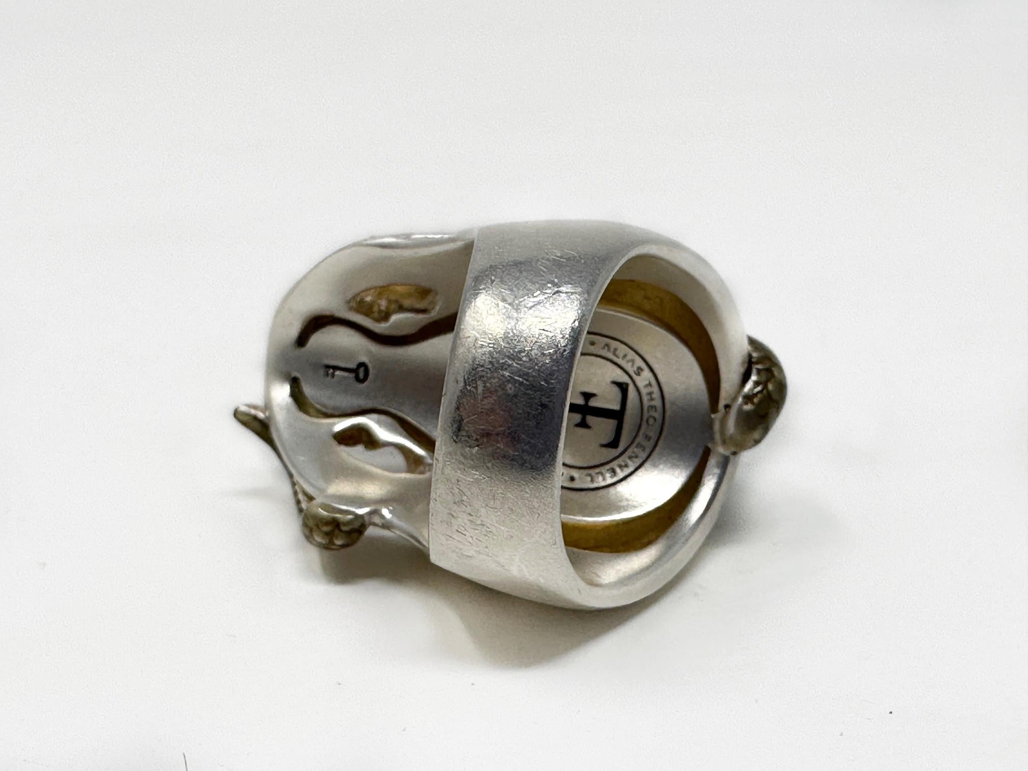 Artisan THEO FENNEL Solid Sterling Silver/Enamel Skull Ring For Sale