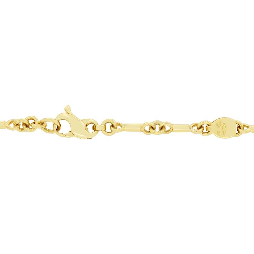 From the designer Theo Fennell comes this beautiful 22″ necklace. Crafted in 18 carat yellow gold the piece weighs a total of 20 grams and showcases a wonderfully unique link design.

Designer: Theo Fennell
Age: Modern, Pre-owned
Metal: 18ct Yellow