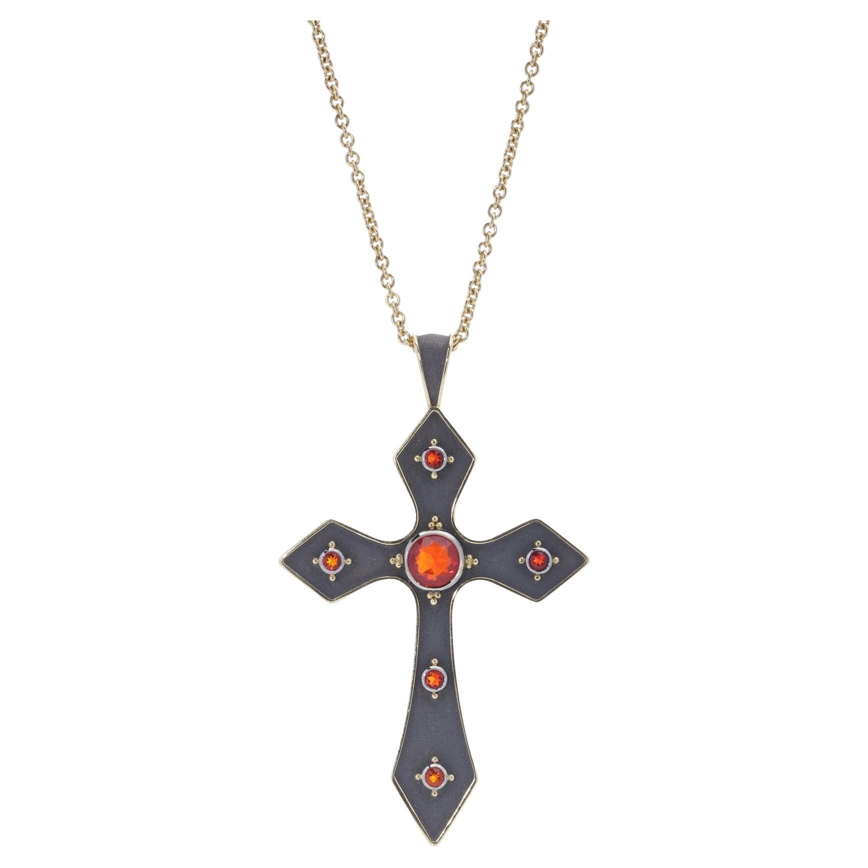 Theo Fennell 18kt Gold Cross Pendant with Fire Opals