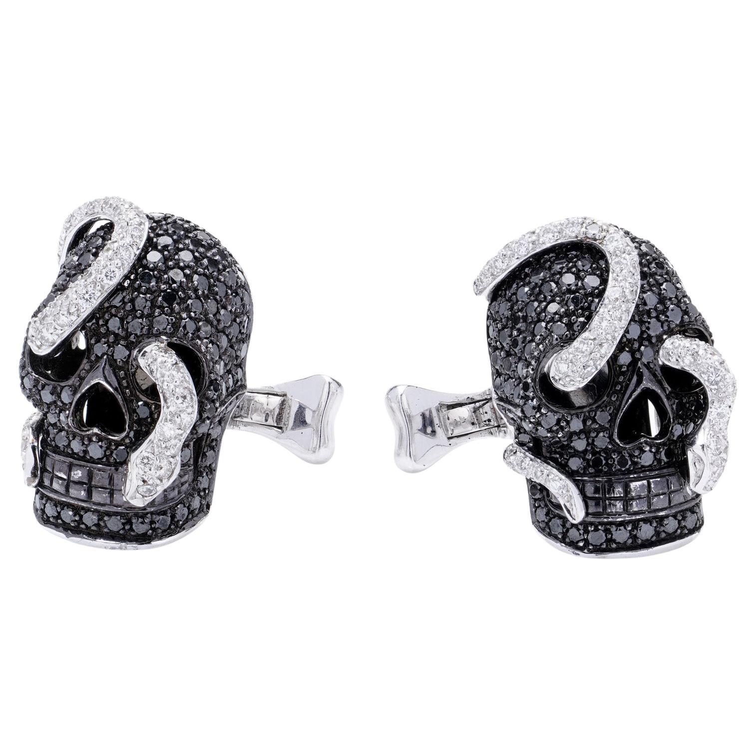Theo Fennell 18kt white gold Black Diamond and Diamond skull cufflinks