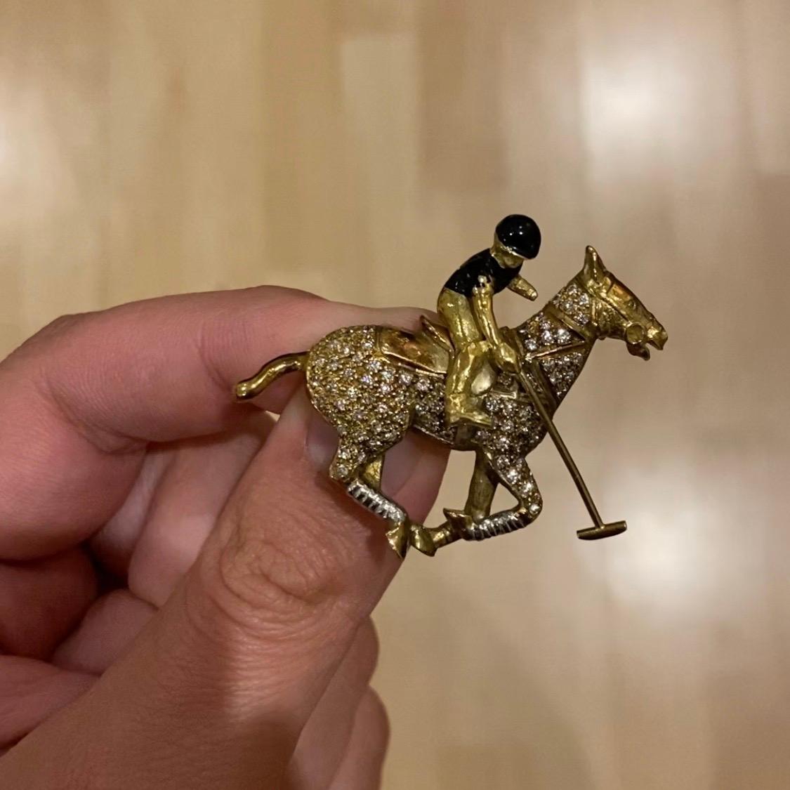 Modern Theo Fennell 1980s Diamond Enamel Polo Pony Articulated Player Horse Brooch Gold For Sale