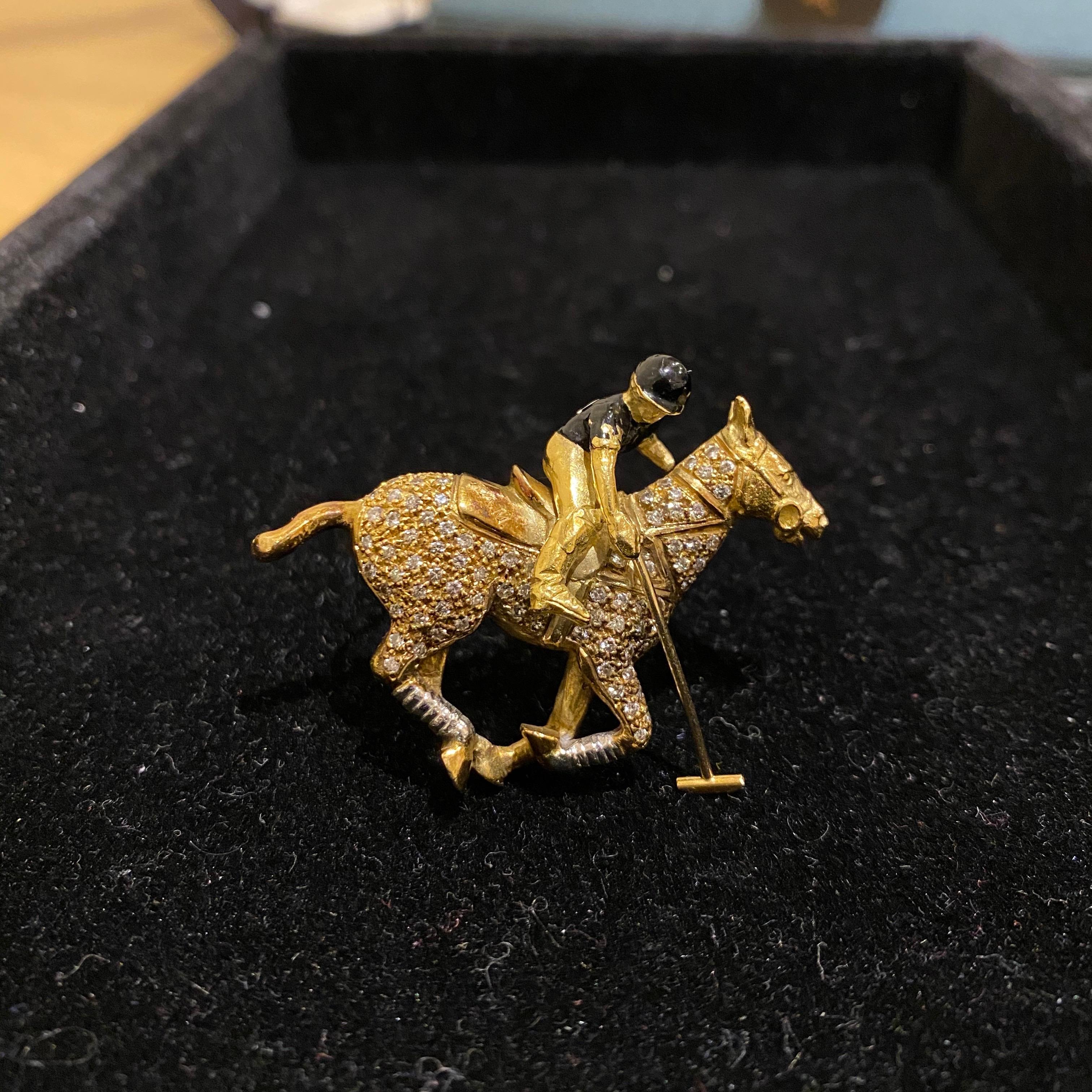 Round Cut Theo Fennell 1980s Diamond Enamel Polo Pony Articulated Player Horse Brooch Gold For Sale