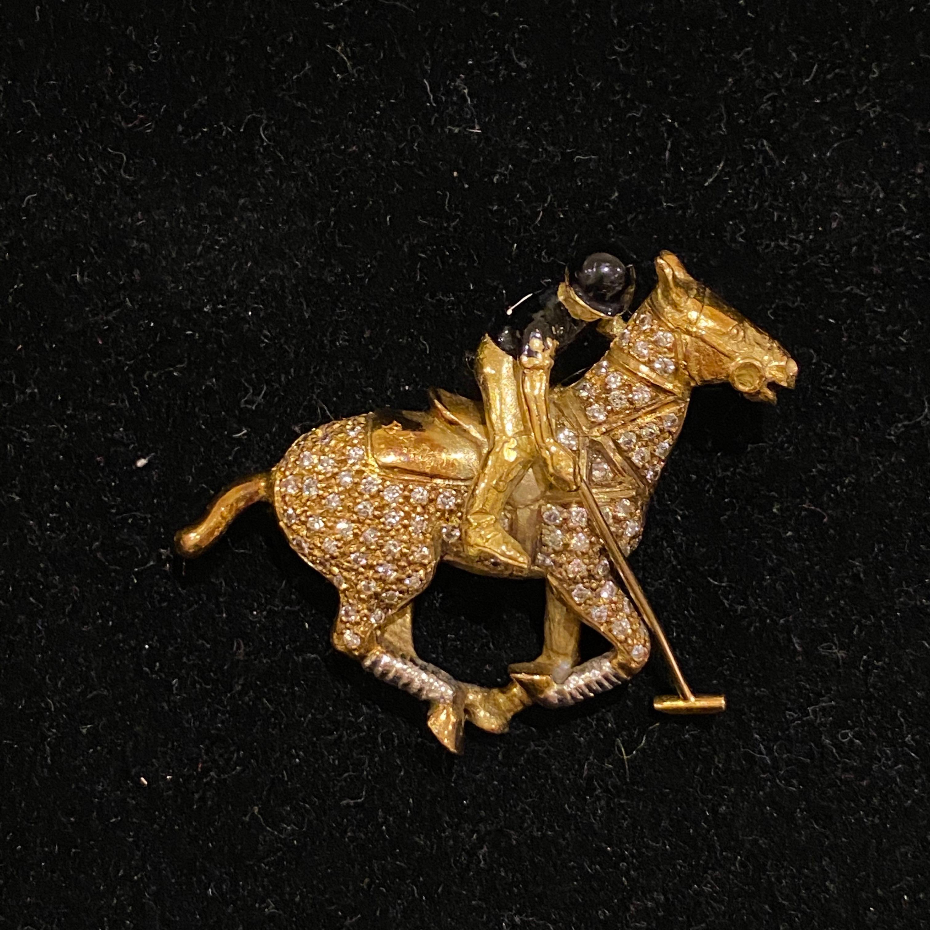 Theo Fennell 1980s Diamond Enamel Polo Pony Articulated Player Horse Brooch Gold In Good Condition For Sale In Lisbon, PT