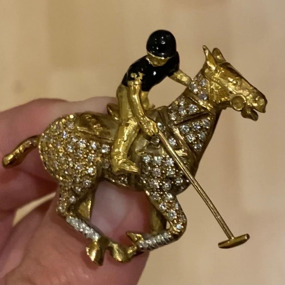 Modern Theo Fennell 1980s Diamond Enamel Polo Pony Articulated Player Horse Brooch Gold For Sale