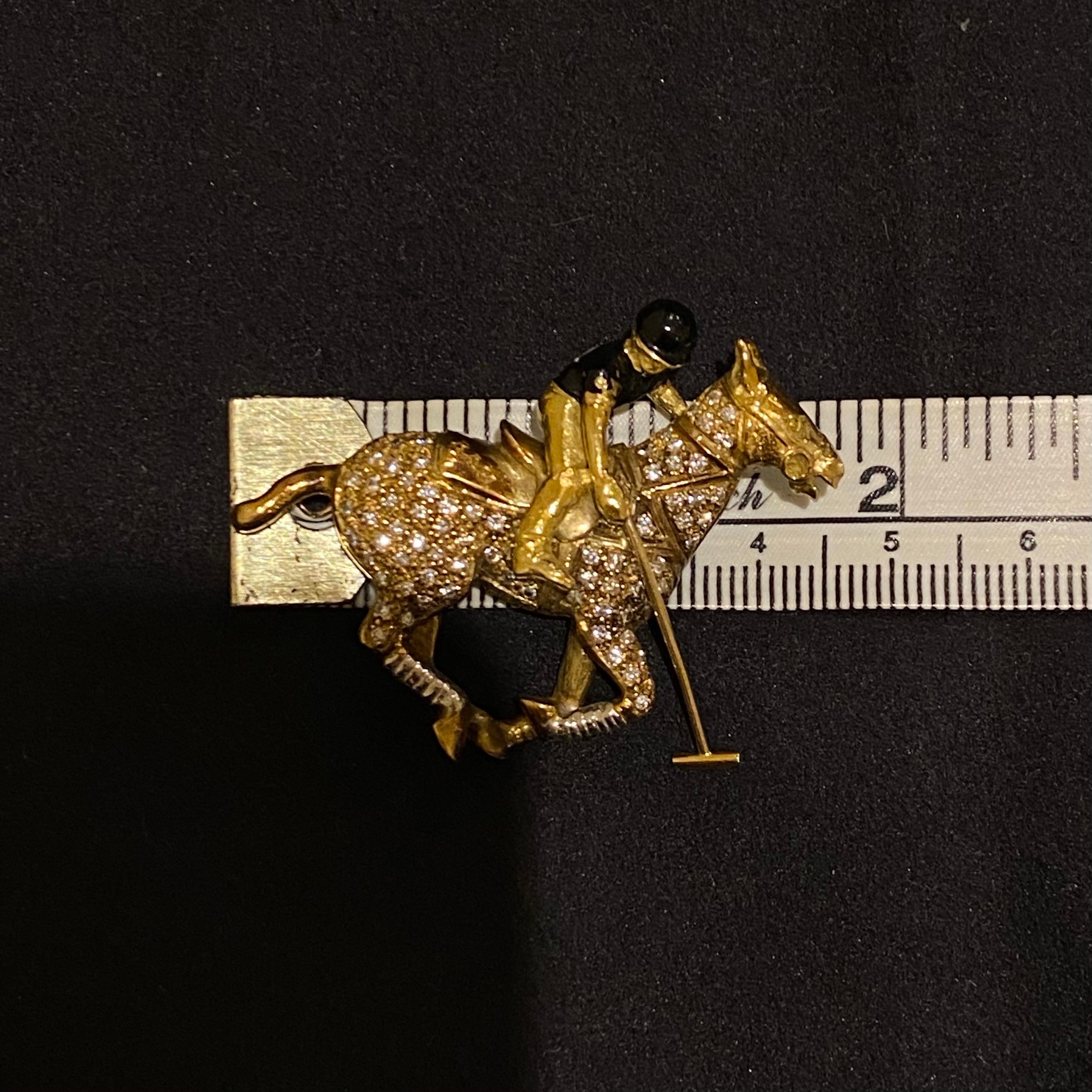 Theo Fennell 1980s Diamond Enamel Polo Pony Articulated Player Horse Brooch Gold For Sale 1