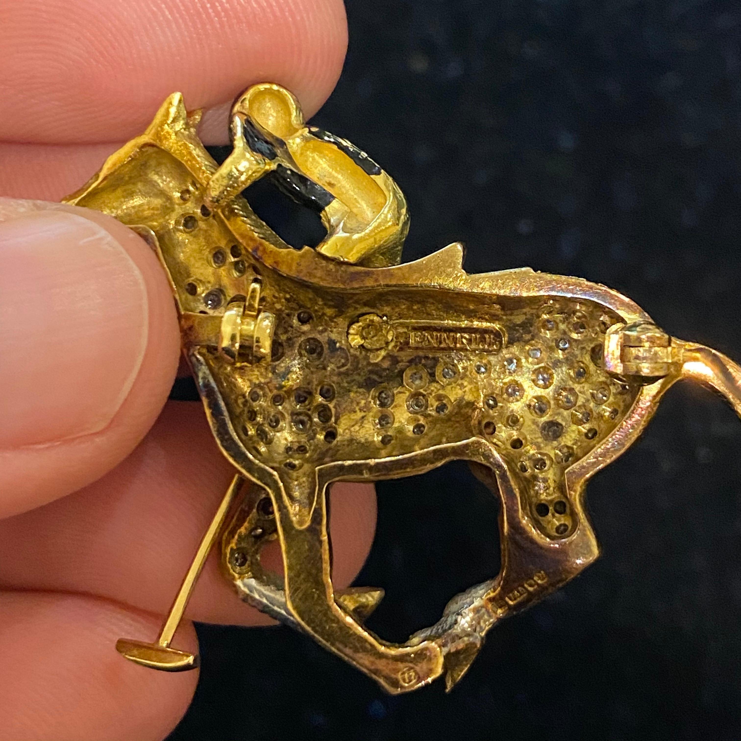 Theo Fennell 1980s Diamond Enamel Polo Pony Articulated Player Horse Brooch Gold For Sale 2