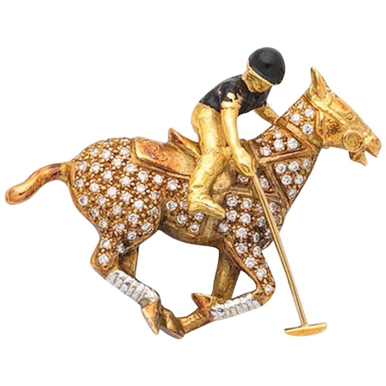 Theo Fennell 1980s Diamond Enamel Polo Pony Articulated Player Horse Brooch Gold For Sale