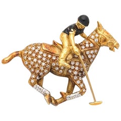 Theo Fennell 1980s Diamond Enamel Polo Pony Articulated Player Horse Brooch Gold