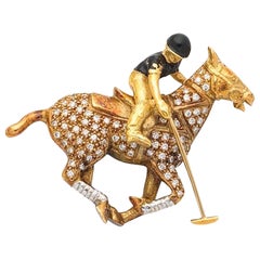 Theo Fennell 1980s Diamond Enamel Polo Pony Articulated Player Horse Brooch Gold