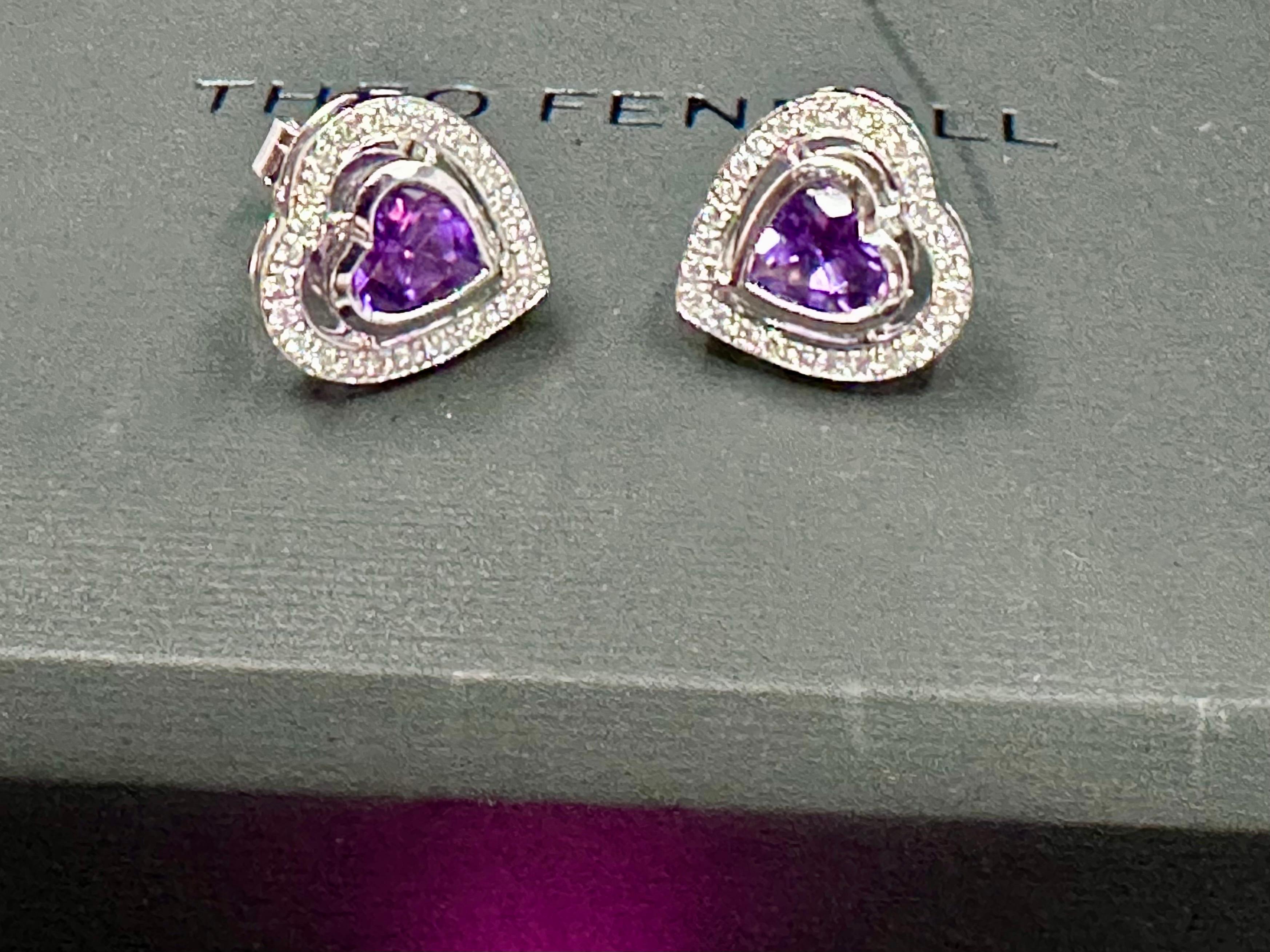 Theo Fennell Amethyst Diamond Heart Shaped Stud Earrings For Sale 3