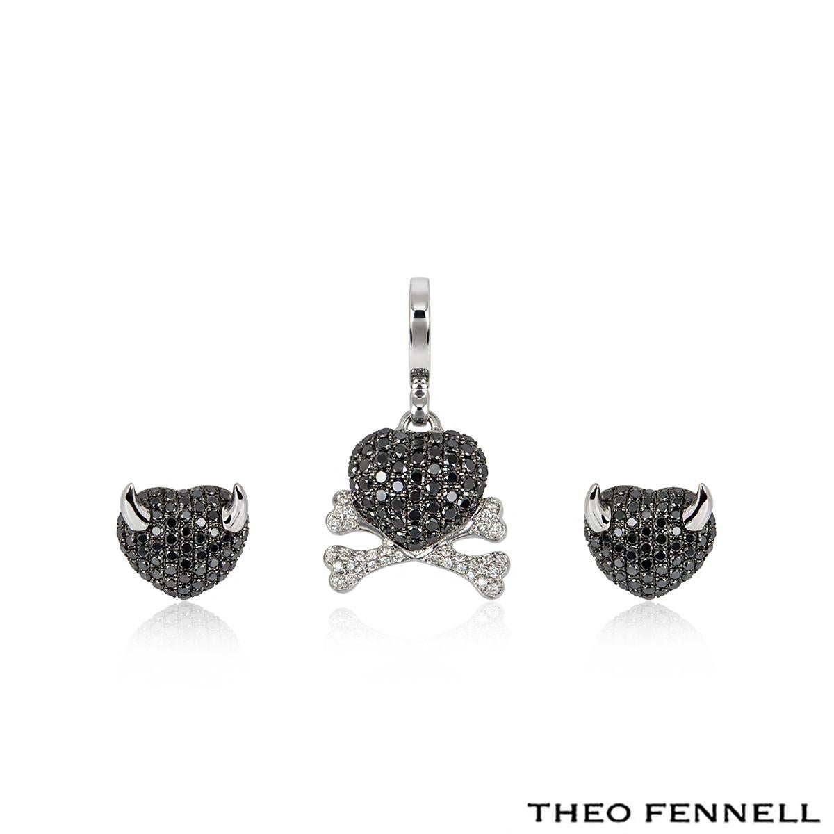 Theo Fennell Black and White Diamond Devil & Crossbones Pendant & Earrings In Excellent Condition In London, GB