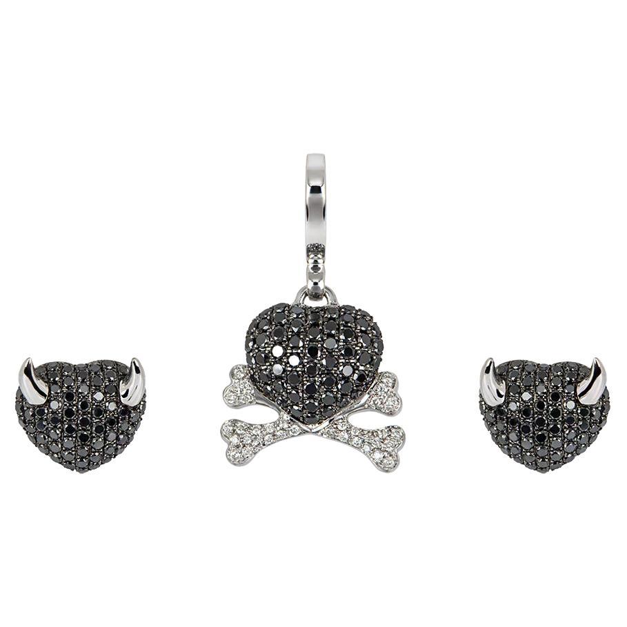 Theo Fennell Black and White Diamond Devil & Crossbones Pendant & Earrings
