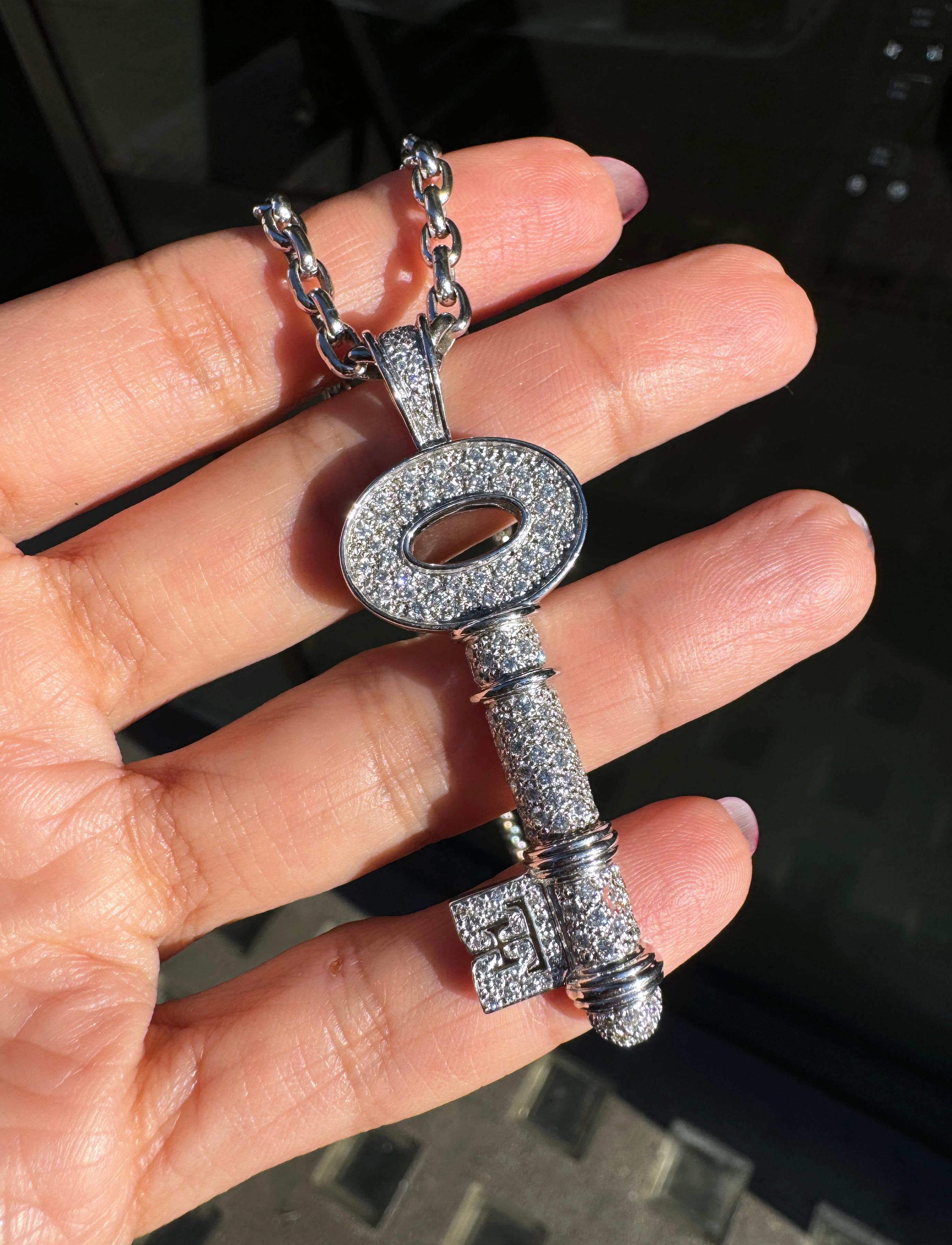 Brilliant Cut Theo Fennell Diamond and 18 Carat White Gold Large Key Pendant Necklace For Sale
