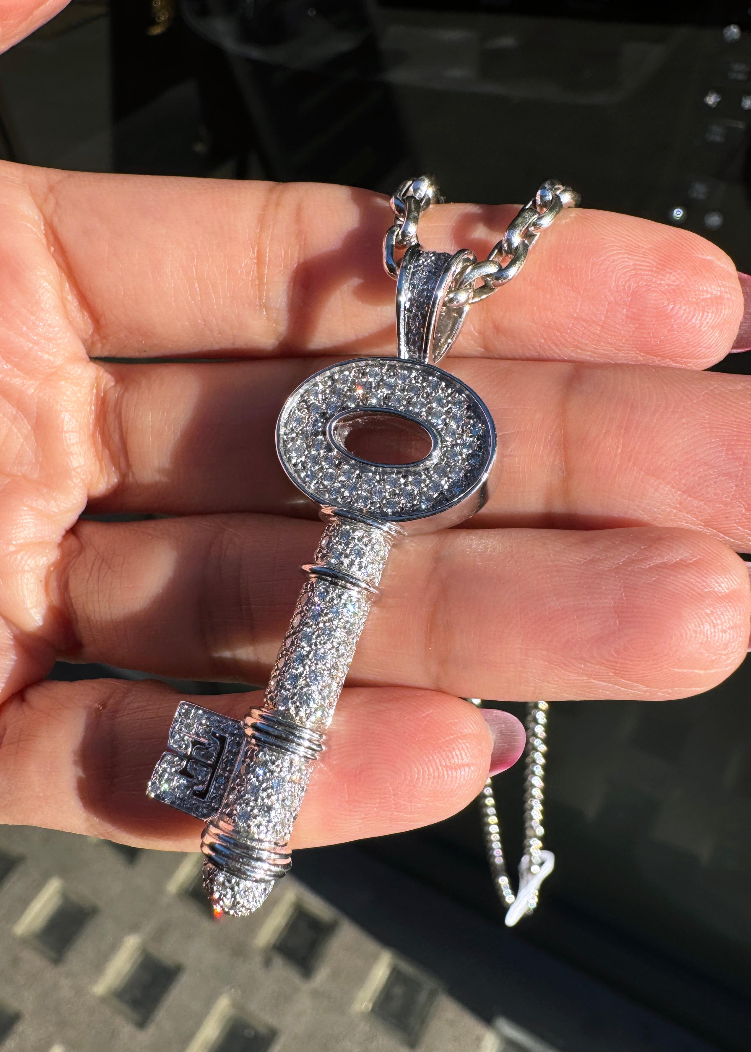 Theo Fennell Diamond and 18 Carat White Gold Large Key Pendant Necklace In Excellent Condition For Sale In London, GB