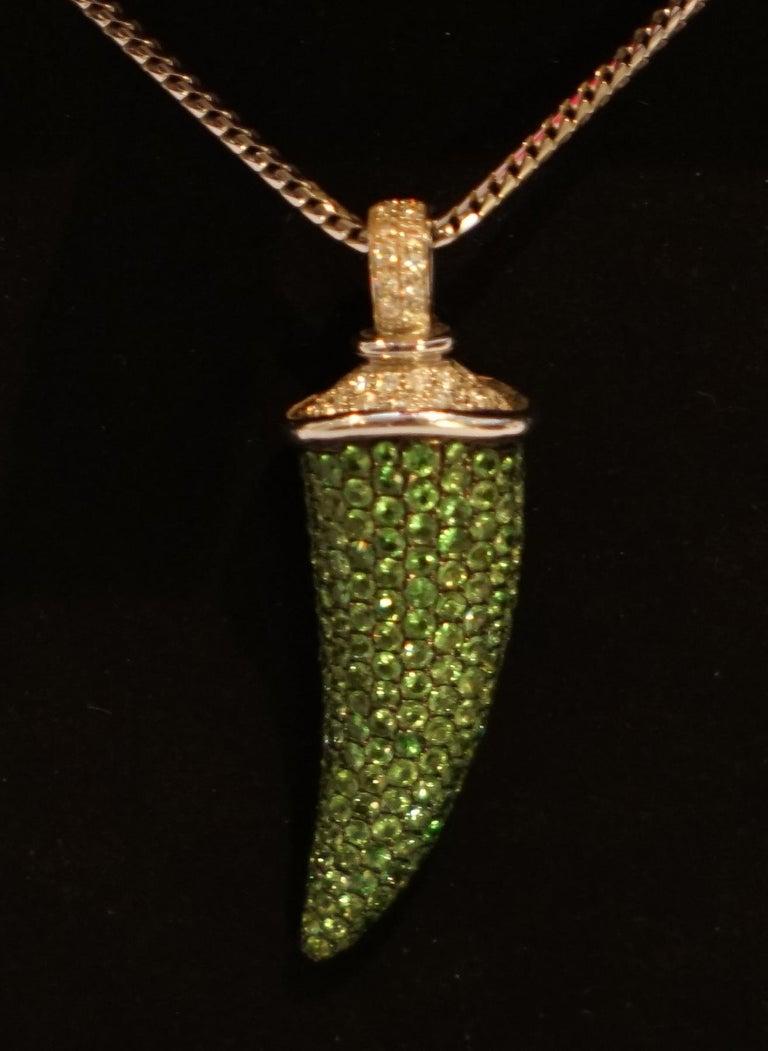 Modern Theo Fennell Diamond Tsavorite Garnet Horn Pendant Earrings Necklace For Sale